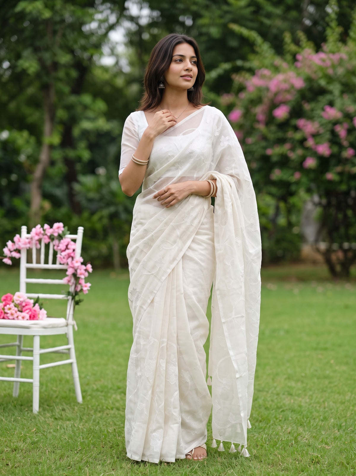 Mul Chanderi Cream Saree with Floral Vine Embroidery