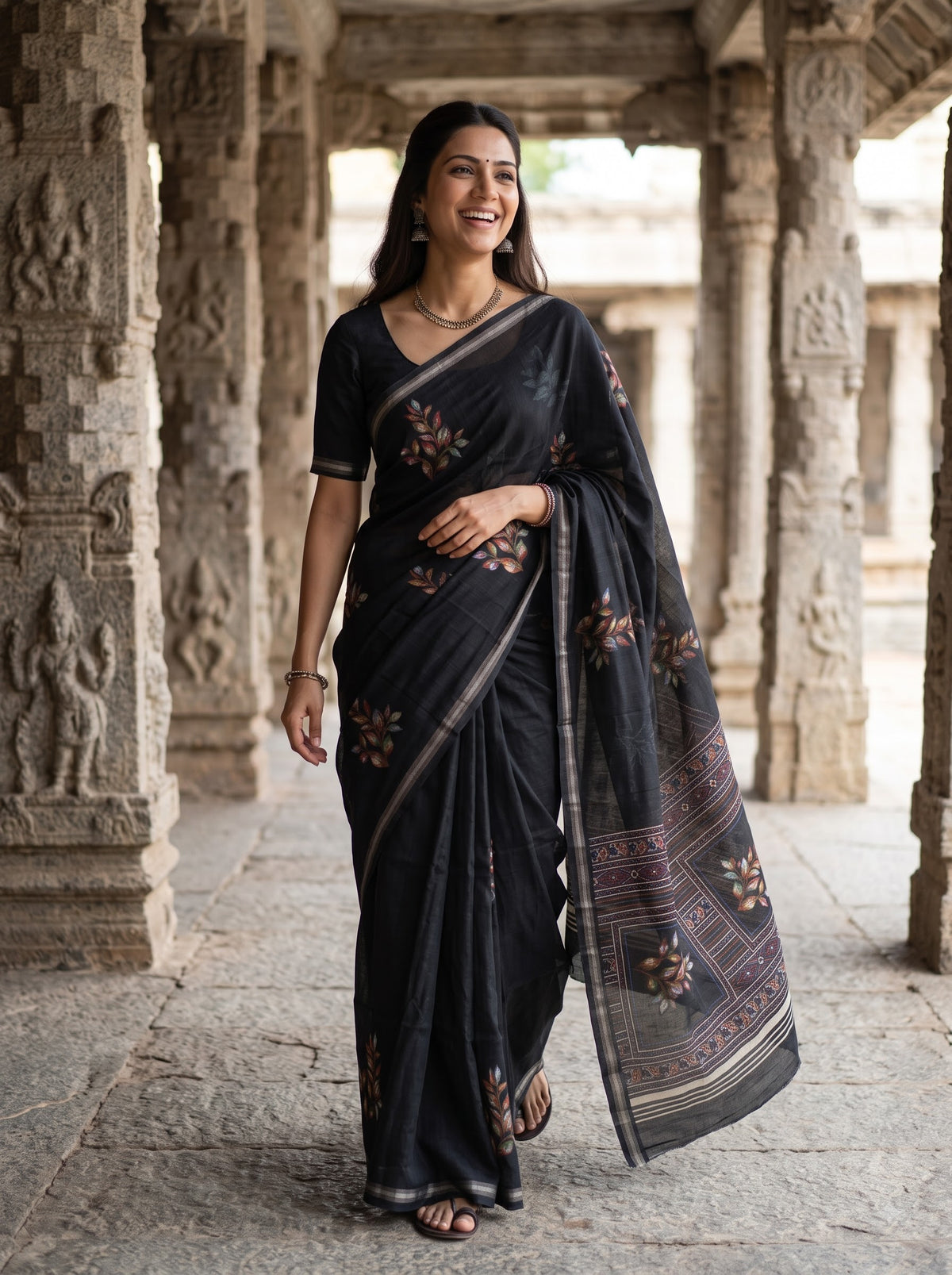 Semi Tussar Black Saree with Painted Style Leaf Sprig Buttas and Traditional Border Pallu