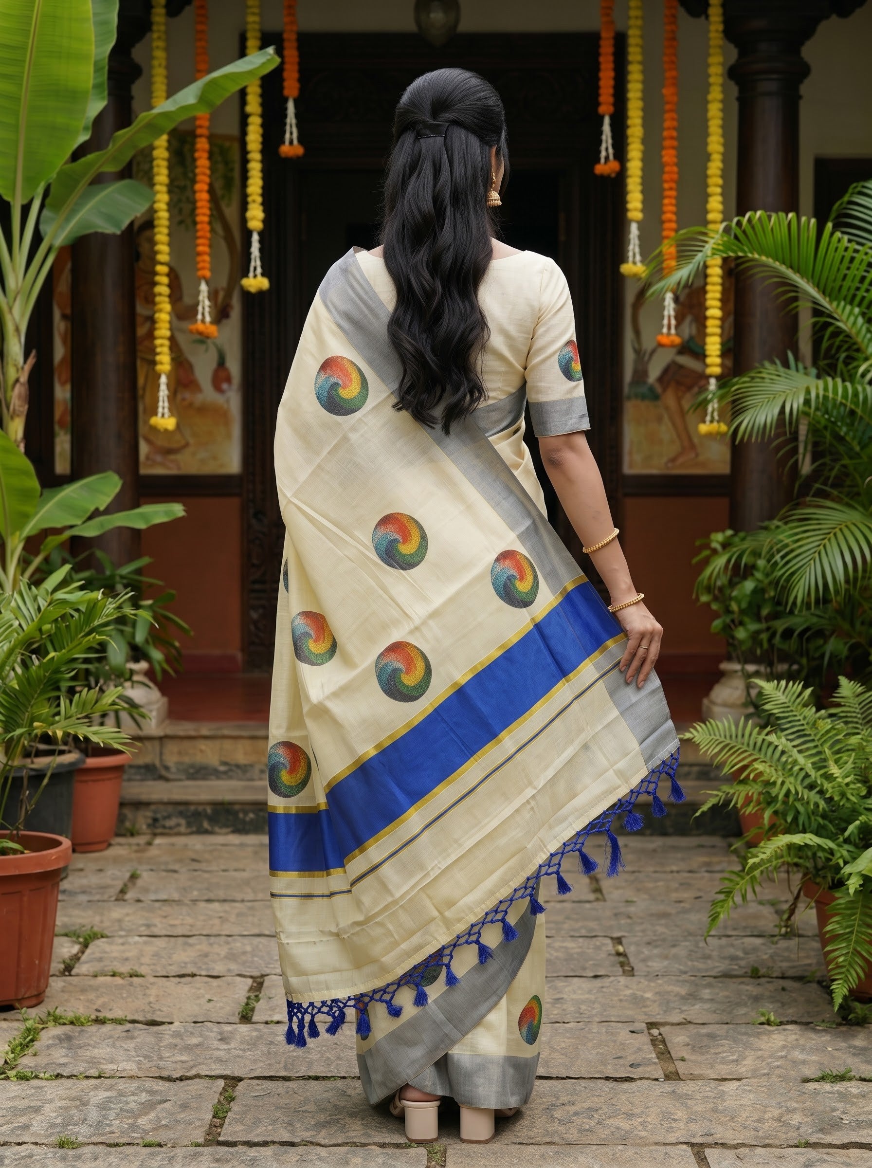 Tissue Cream Multicolor Swirl Motif with Grey Border Onam Special Kerala Saree