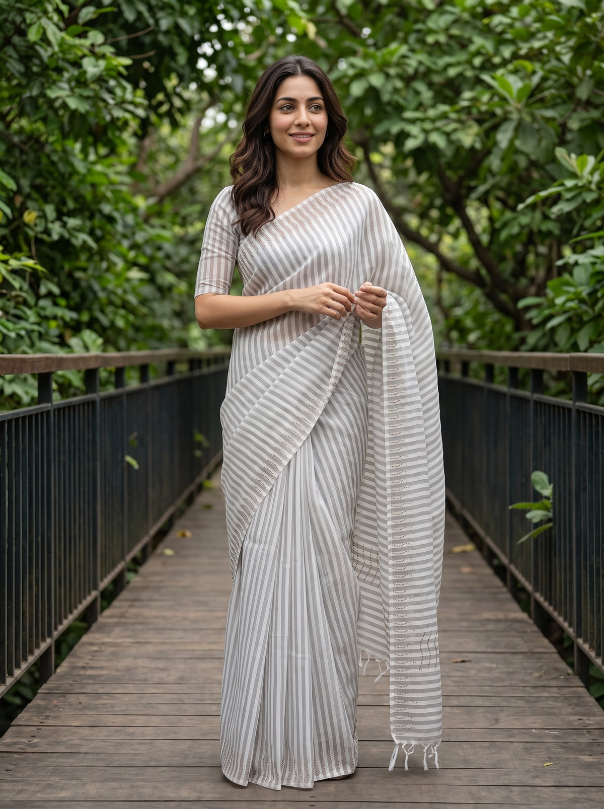 Tissue Silk Grey Striped Saree with Sequin Wave Design