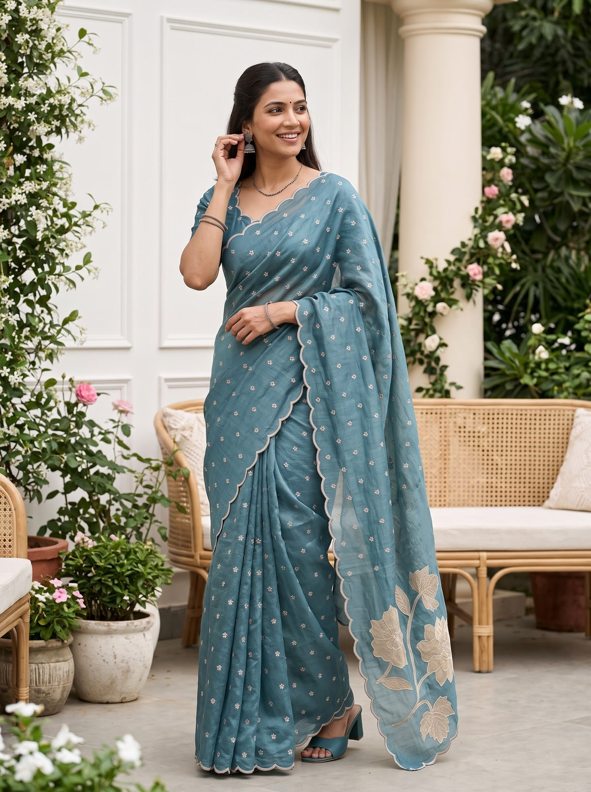 Organza Teal Blue Floral Vine Embroidery Saree with Scalloped Border