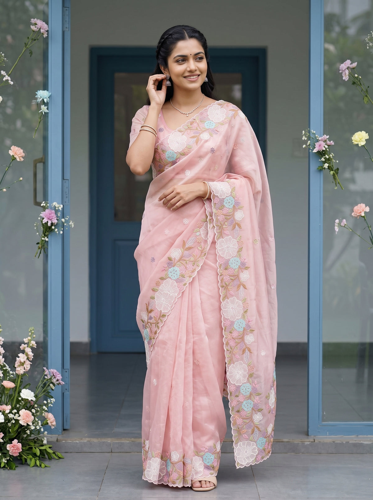 Organza Baby Pink Multicolor Floral Cutwork Applique Embroidered Border Saree
