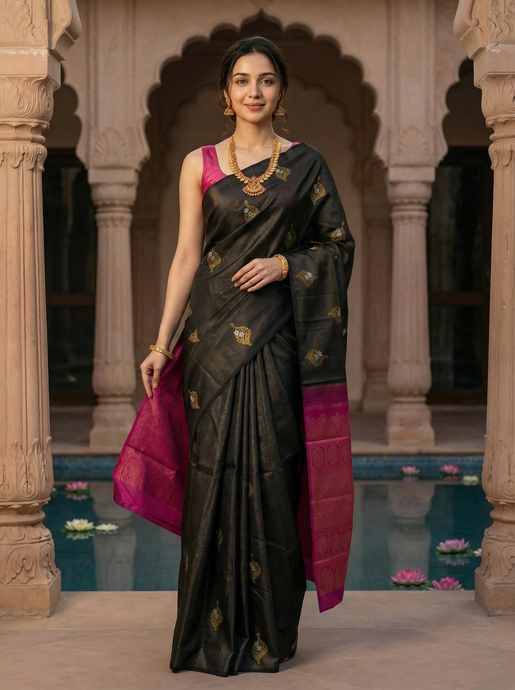 Woman in a black saree with pink blouse standing in an architectural setting.