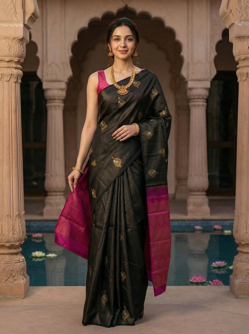 Woman in a black saree with pink blouse standing in an architectural setting.