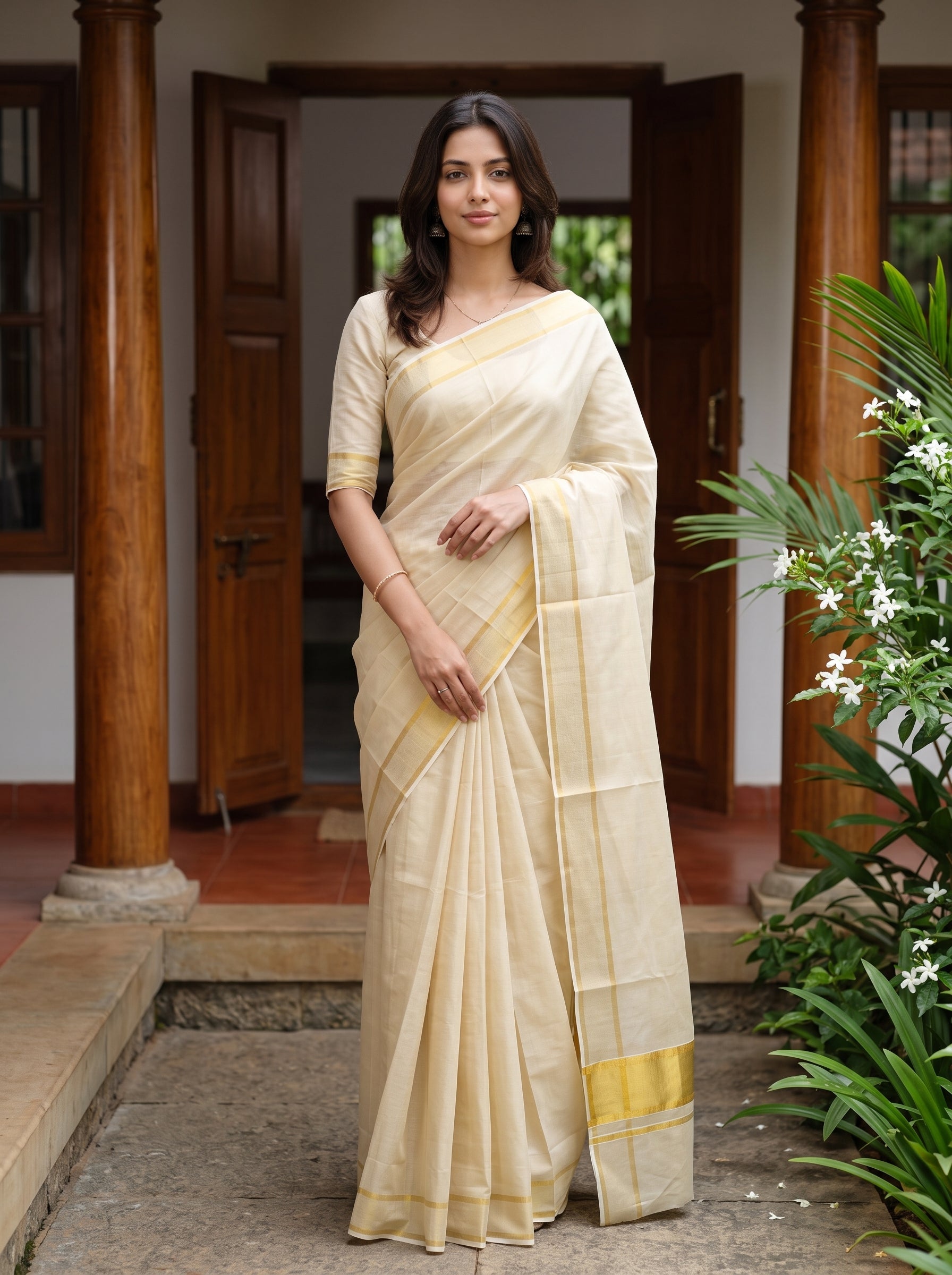 A woman wearing a light beige/cream saree with a matching short-sleeve blouse, standing in front of a traditional house doorway with wooden pillars and green plants.