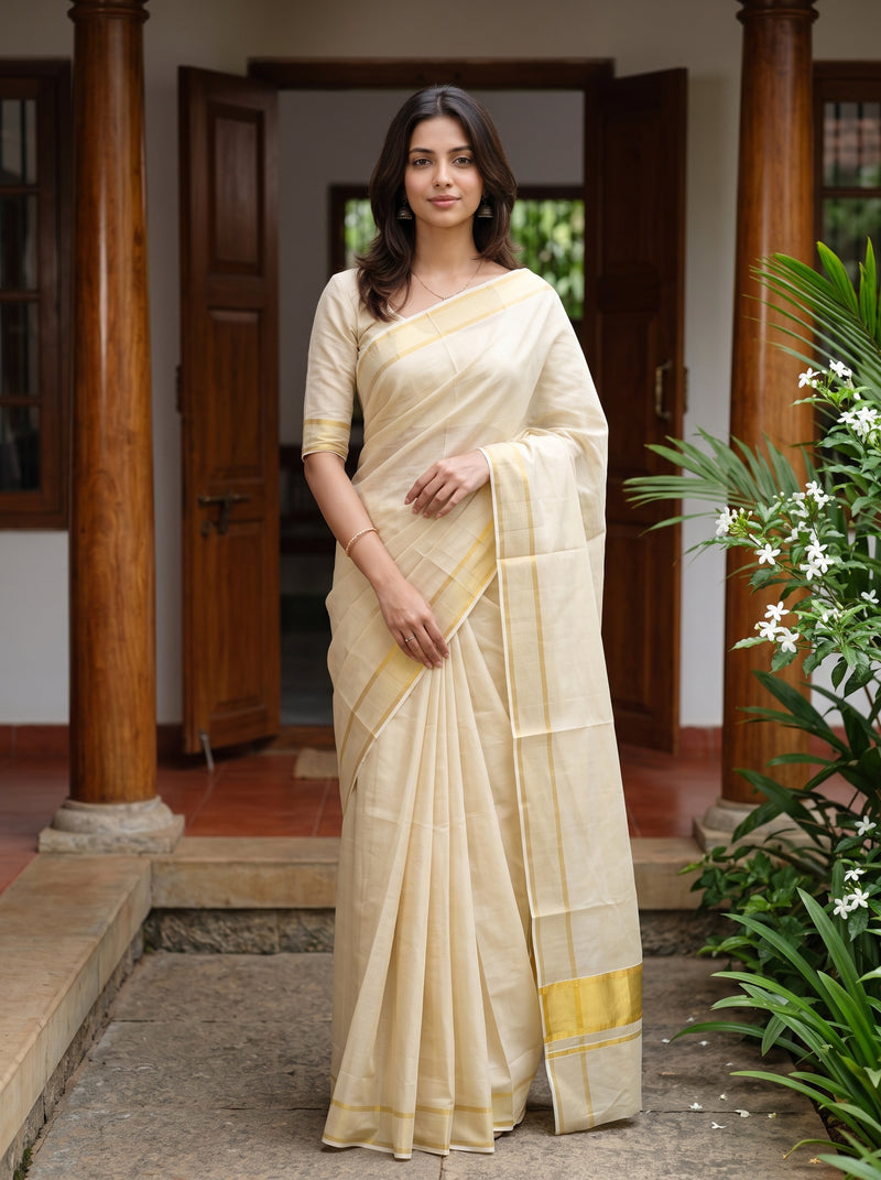 A woman wearing a light beige/cream saree with a matching short-sleeve blouse, standing in front of a traditional house doorway with wooden pillars and green plants.