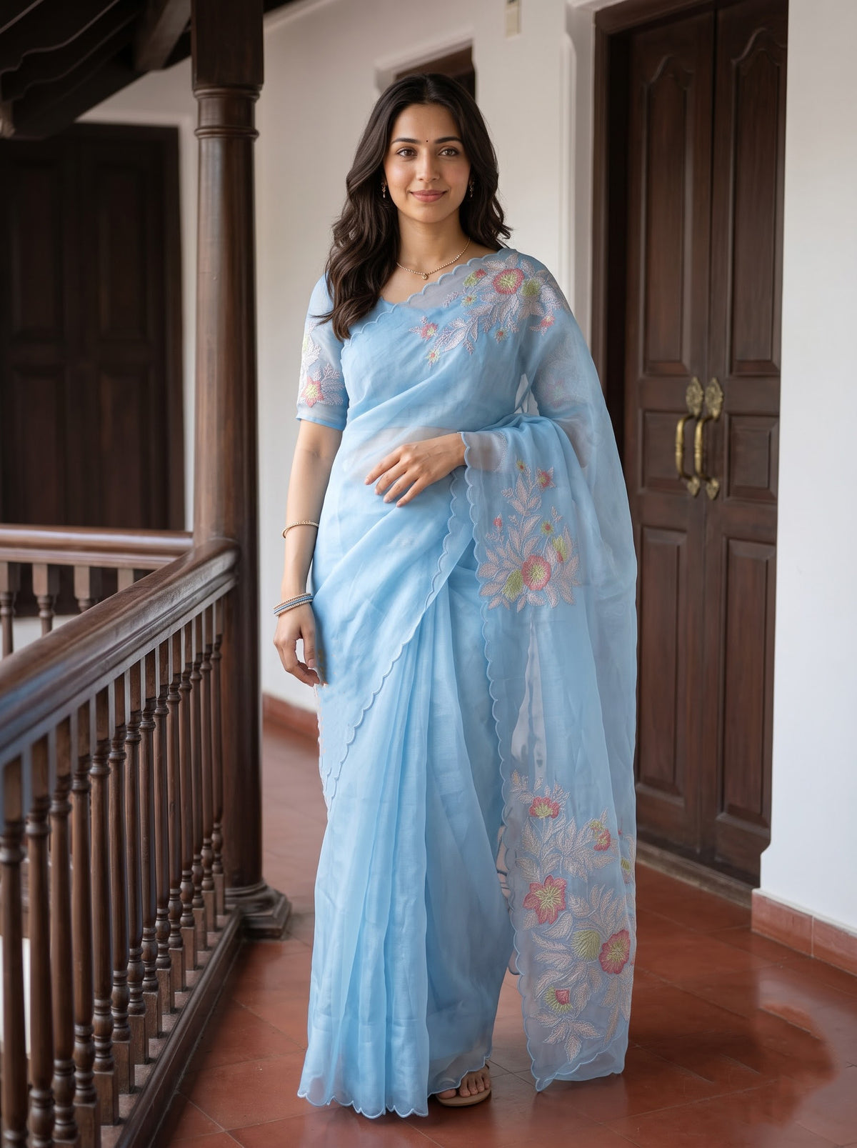 Organza Powder Blue Multicolor Floral Embroidered Saree