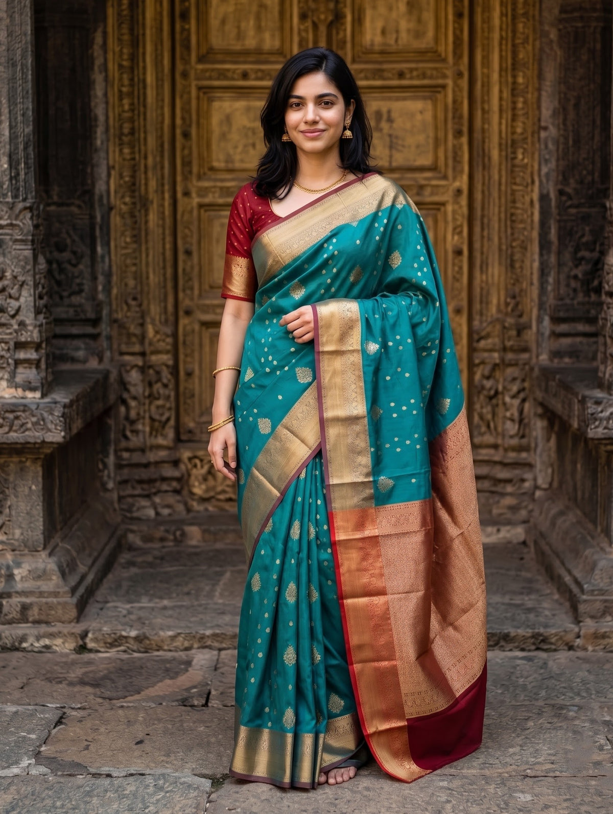A woman wearing a teal green and gold saree with a red blouse, standing in front of an ornate carved wooden door.