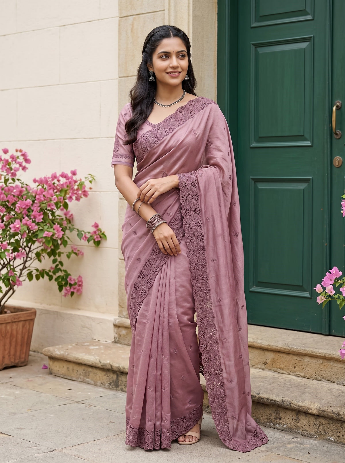 Tissue Silk Dusty Rose Floral Cutwork Lace Border Saree