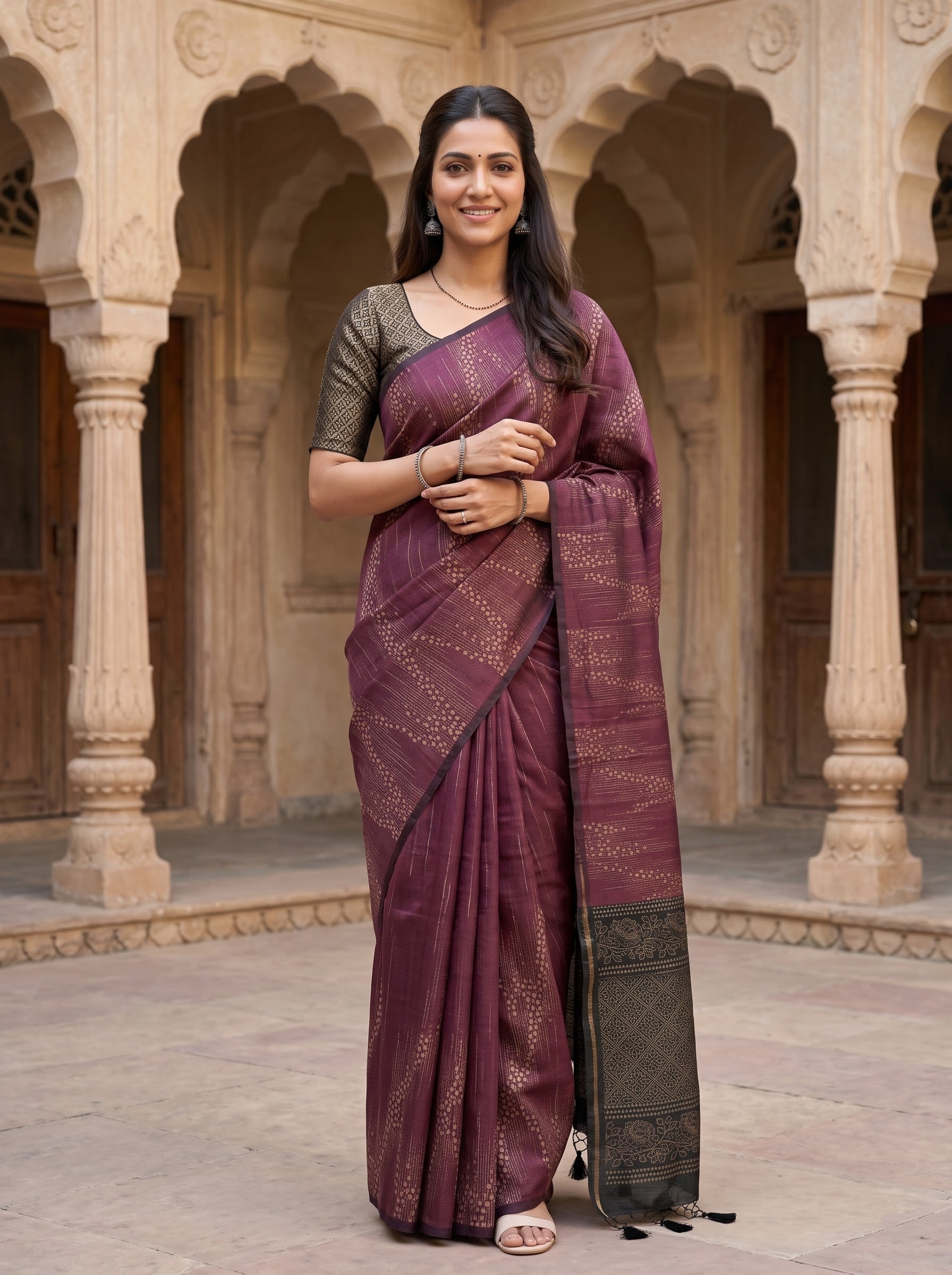 A woman wearing a purple and gold patterned saree with a dark grey patterned blouse stands in front of a historic stone building with arches.
