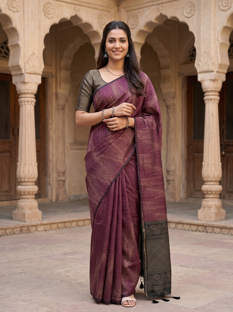 A woman wearing a purple and gold patterned saree with a dark grey patterned blouse stands in front of a historic stone building with arches.
