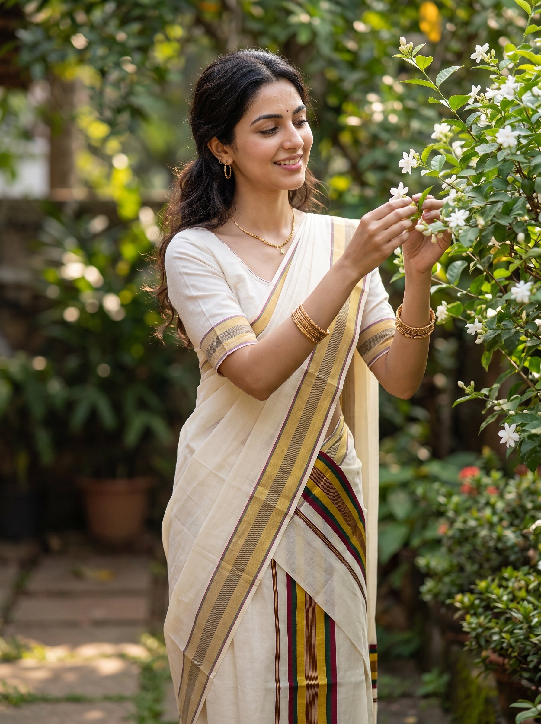 A woman wearing a cream-colored cotton saree with gold, green, and red stripes, standing in a lush garden and touching white flowers.
