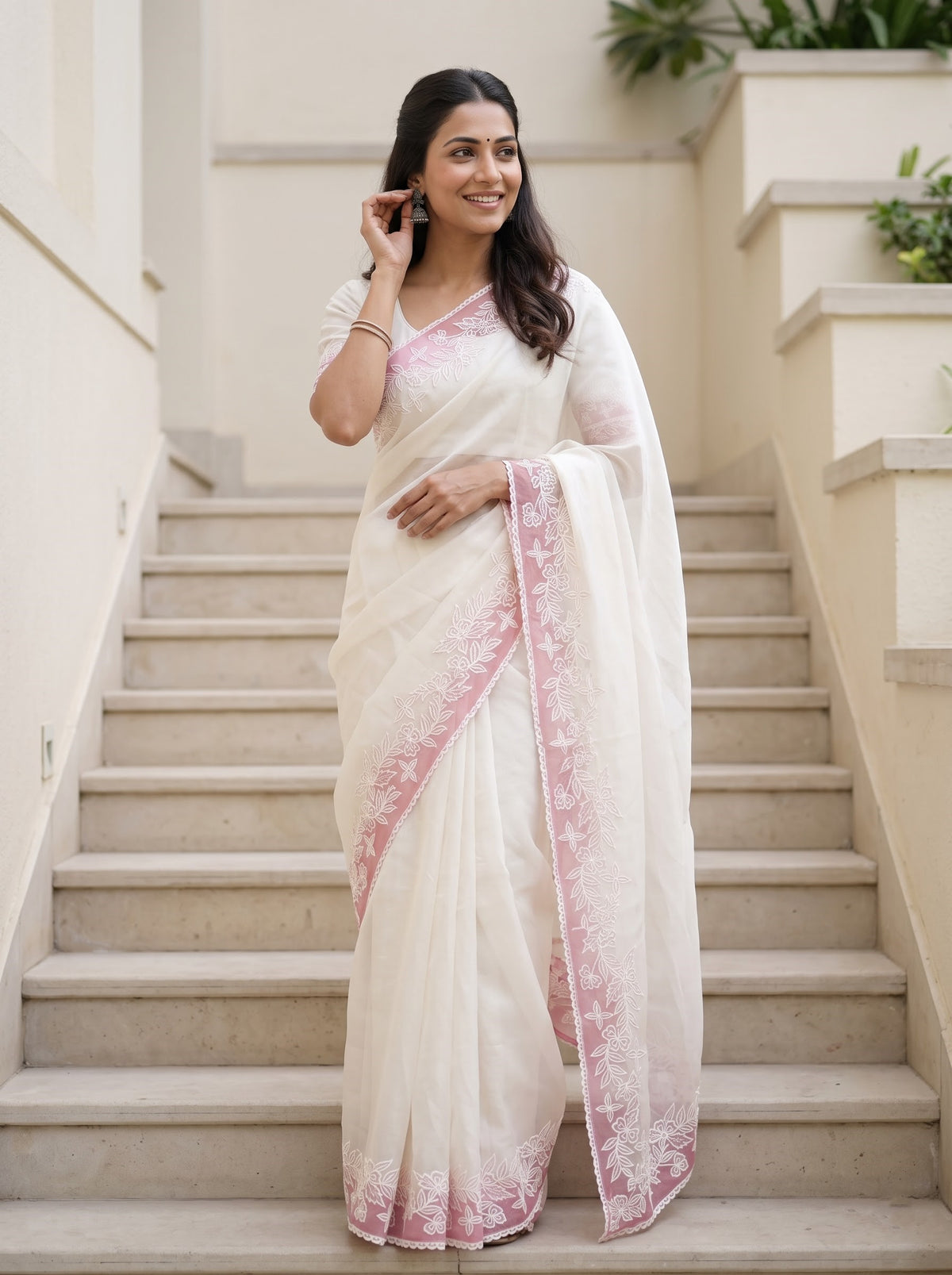 Organza Off White Pink Floral Lace Contrast Border