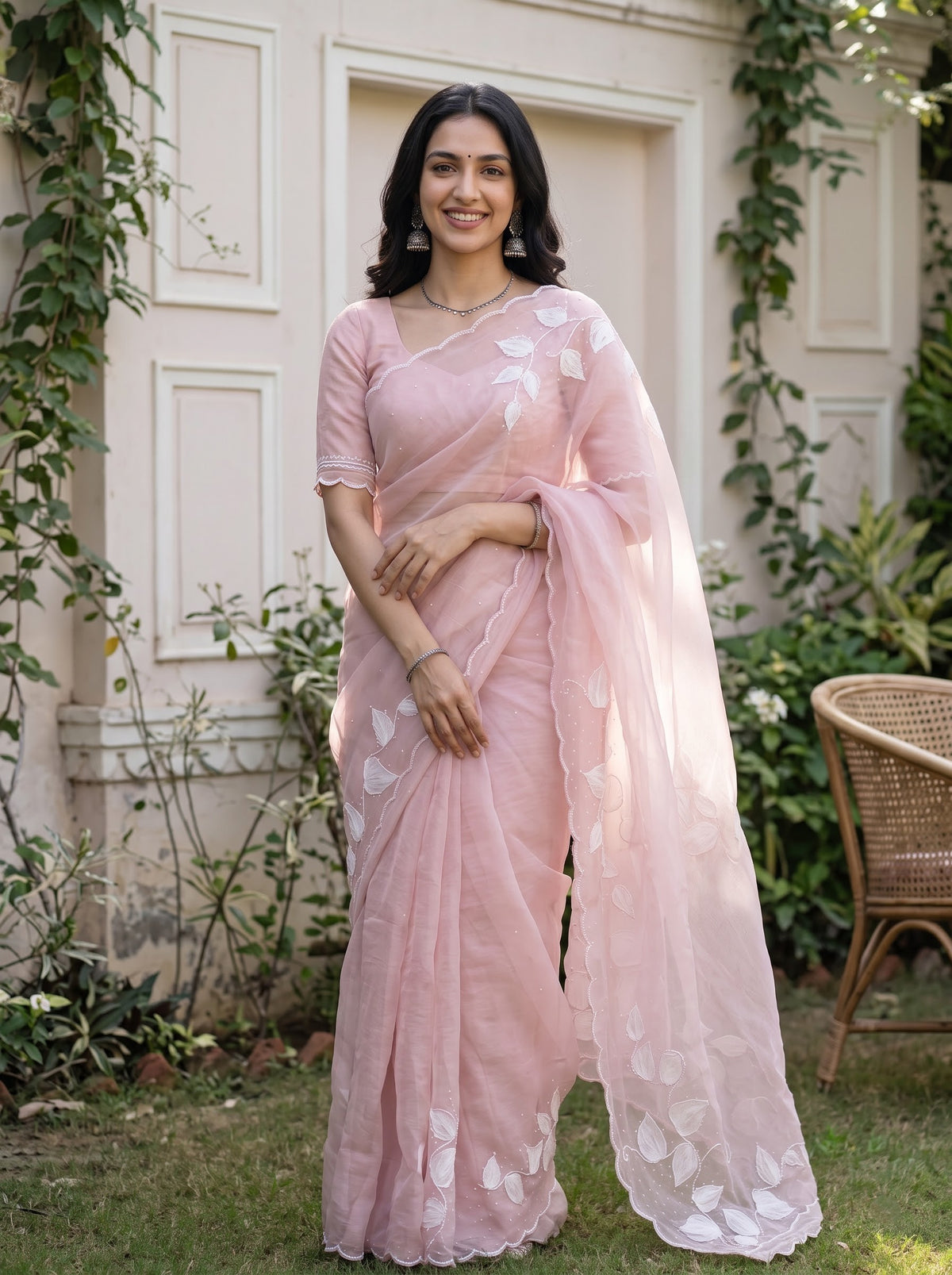 Organza Baby Pink 3D Leaf Applique Beaded Pallu Saree with Scalloped Border