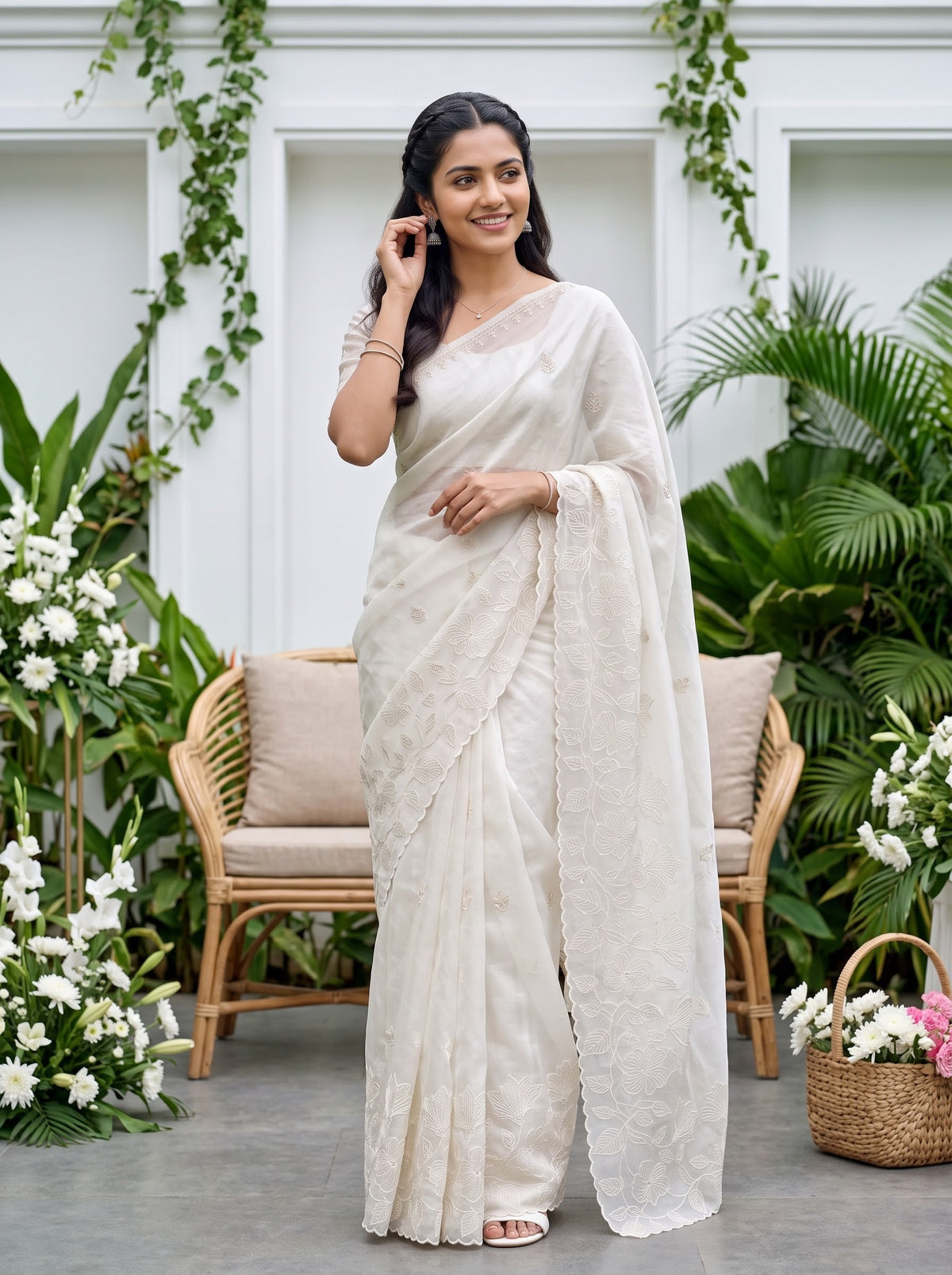 Organza Ivory Saree with Tonal Floral Vine and Sequin Work