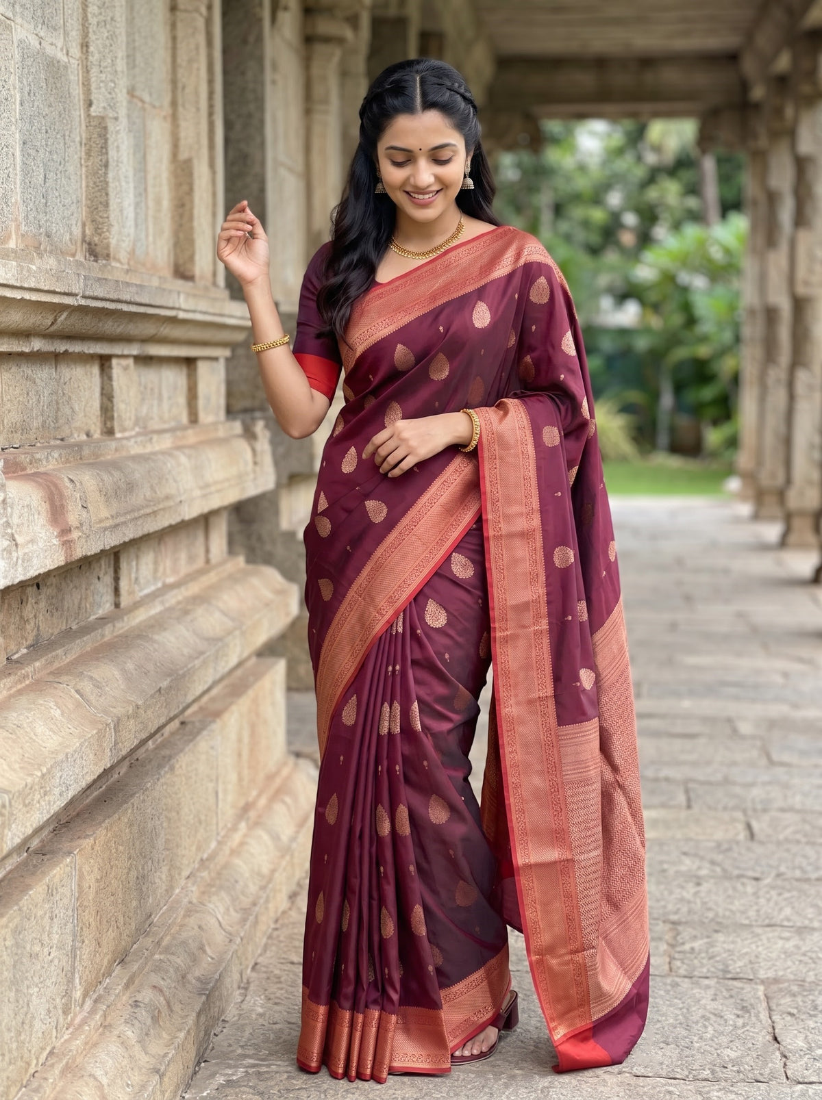 Semi Silk Wine Maroon Zari Woven Saree with Large Leaf Butta Body, Red Border and Woven Pallu