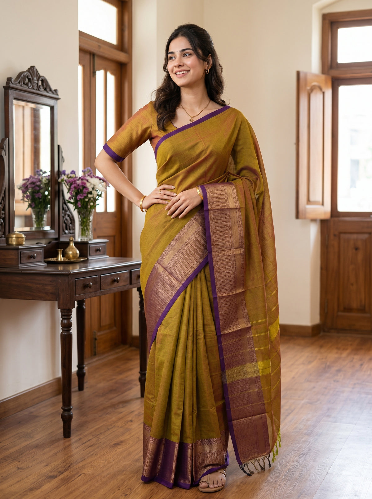 Cotton Silk Mustard Olive Golden Zari Striped Pallu Saree with Purple Border
