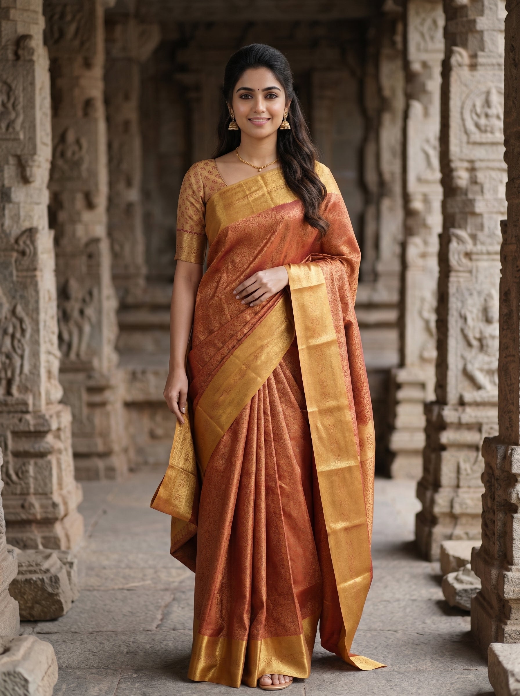 A woman wearing a rust-orange and gold silk saree stands in a stone corridor with carved pillars. The saree has a rich rust-orange body with a wide gold border and a matching gold blouse.