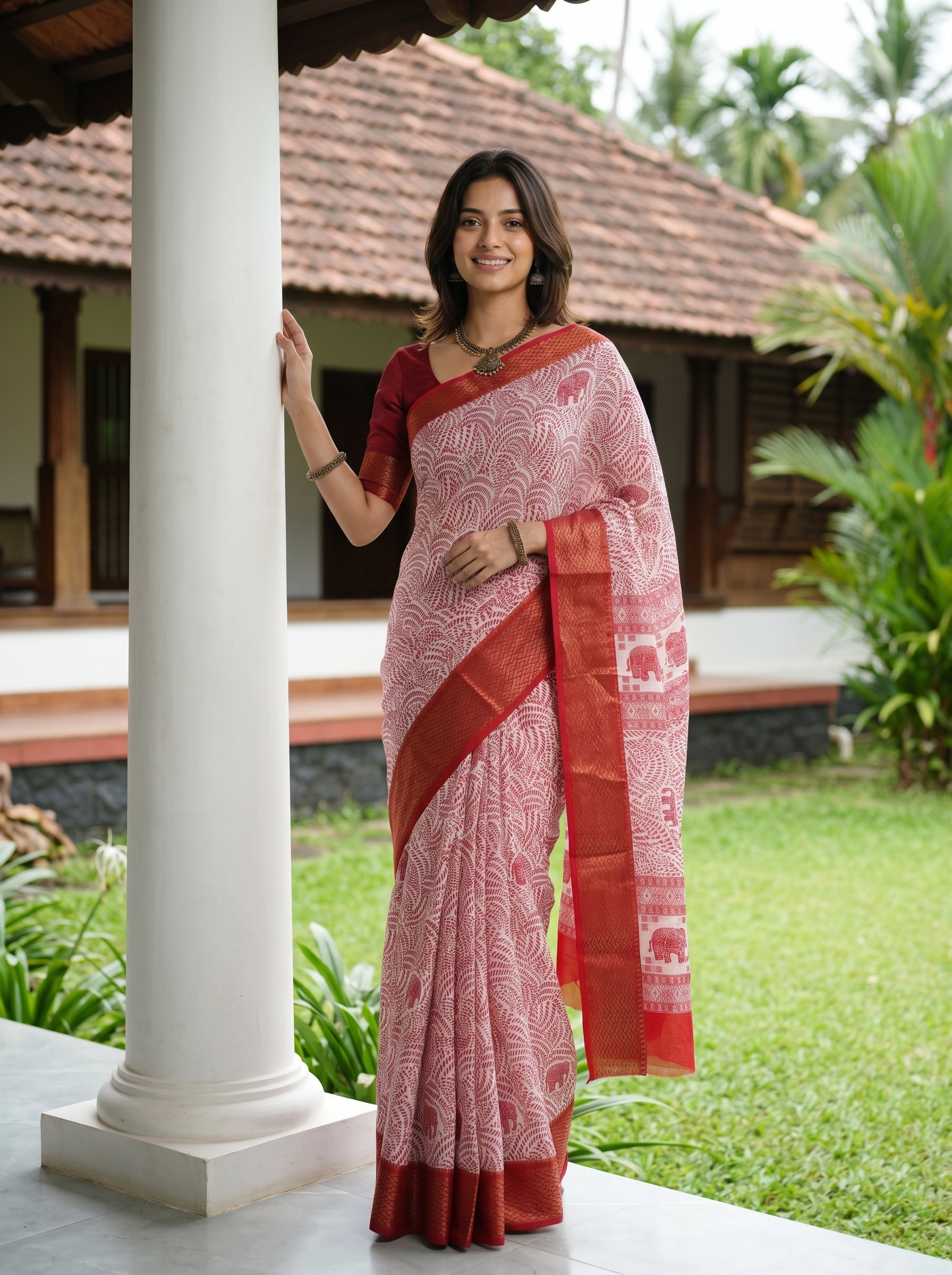 Woman in a traditional saree standing outdoors near a house with greenery.
