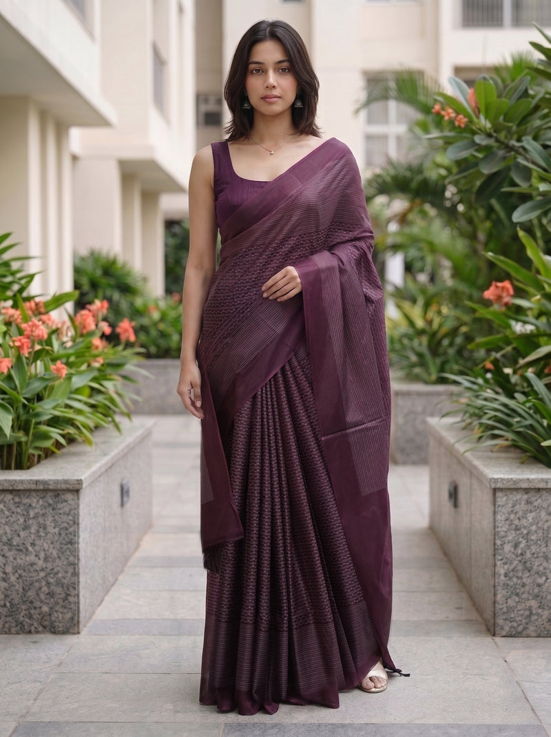 A woman wearing a dark plum purple saree with a matching sleeveless blouse, standing in a garden courtyard.