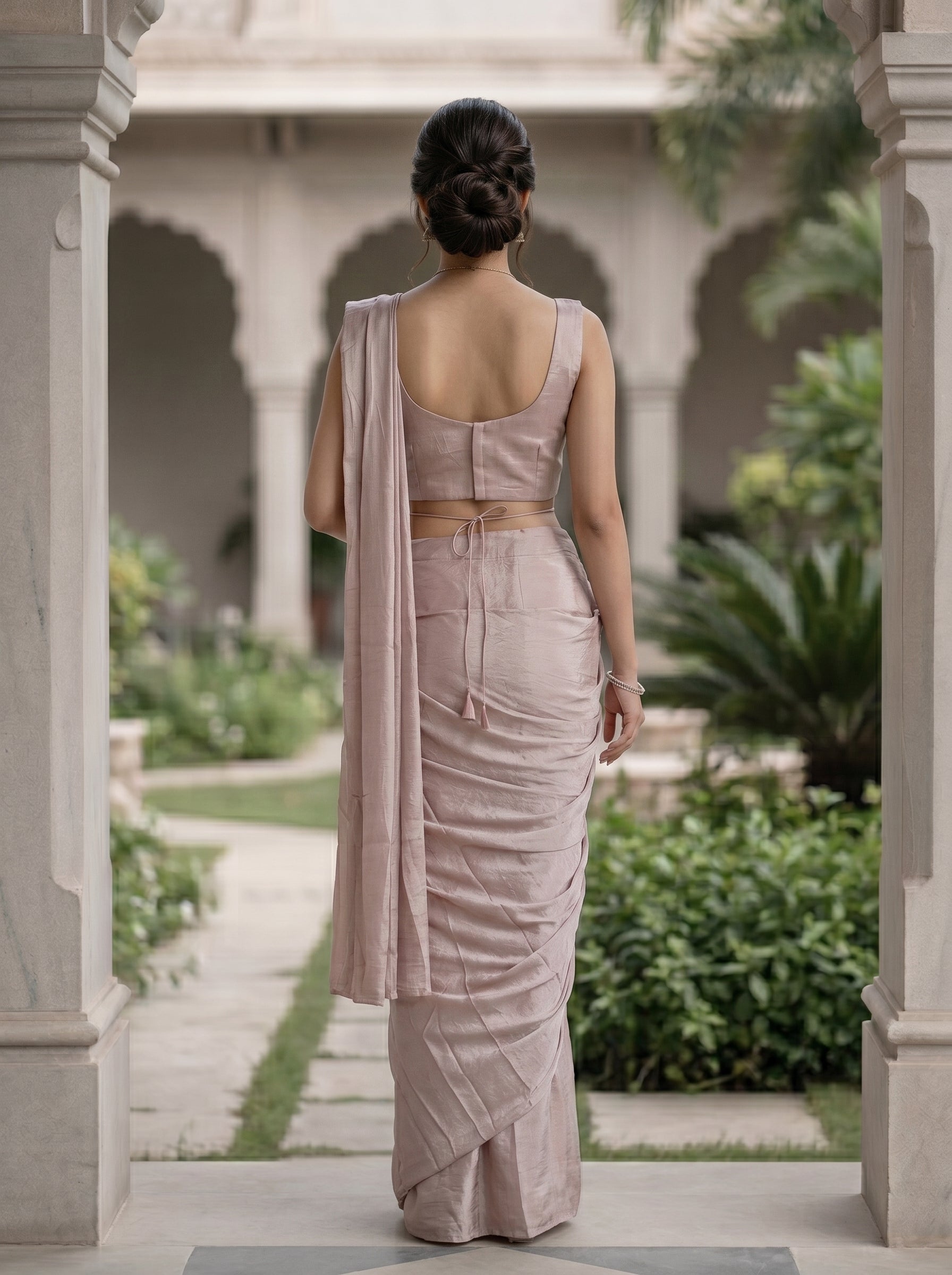 Jimmy Choo Dusty Pink Ready-to-Wear Designer Saree with Heavy Embroidered Blouse