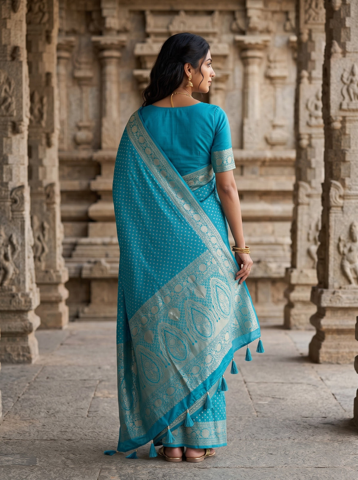 Banarasi Silk Turquoise Zari Kalka Pallu Saree