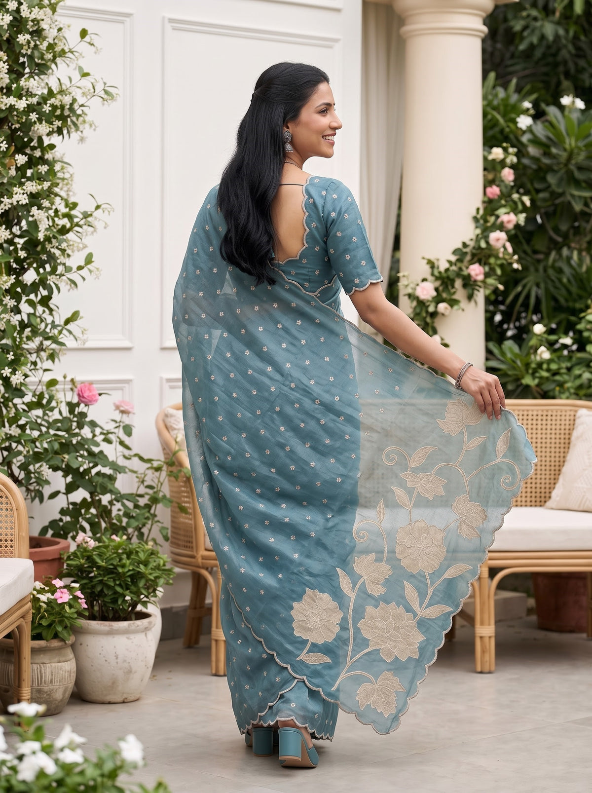 Organza Teal Blue Floral Vine Embroidery Saree with Scalloped Border