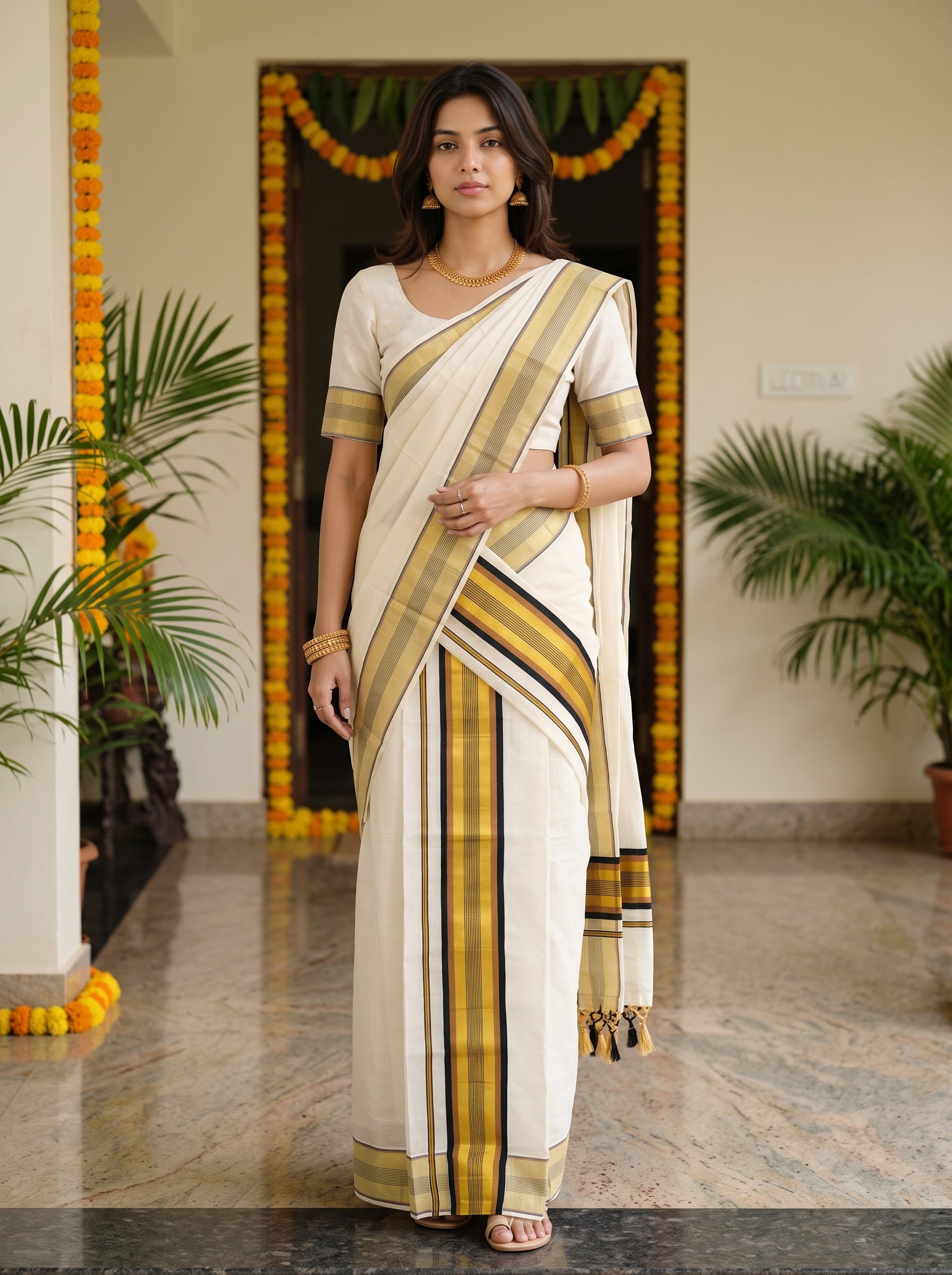 A woman modeling a traditional Indian saree in an indoor setting with marble flooring and potted plants. The saree is off-white/cream with prominent vertical stripes in black, mustard yellow, and brown, paired with a matching cream blouse.