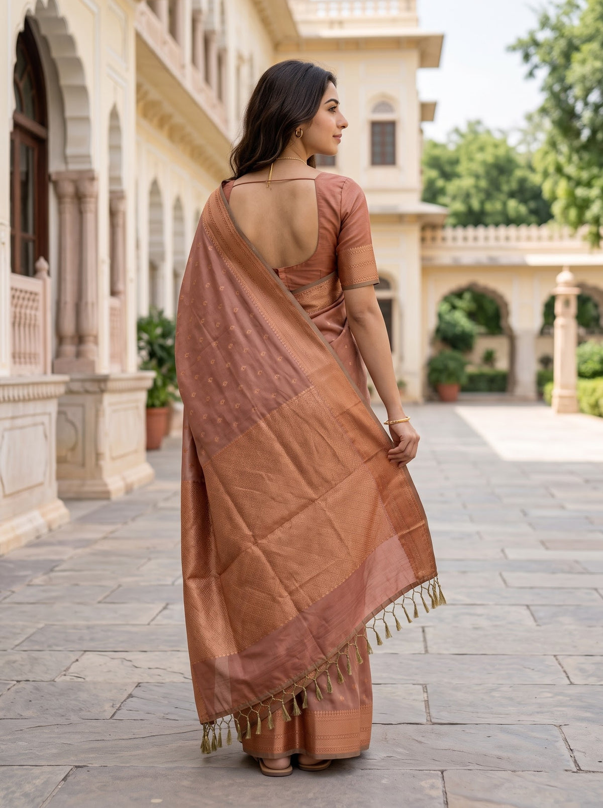 Semi Silk Dusty Peach Copper Zari Butta Saree with Wide Zari Border Pallu