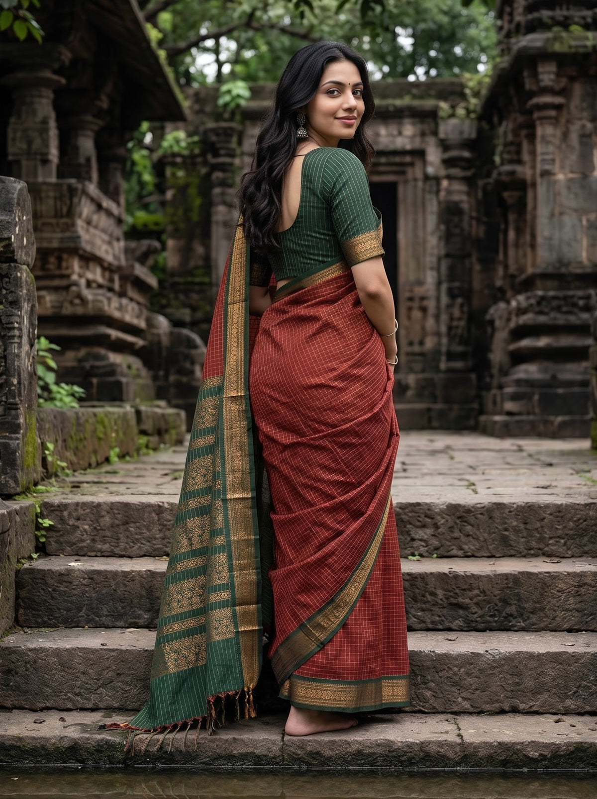 Kalyani Cotton Red Golden Zari Checks Bottle Green Pallu Copper Zari Woven Peacock Motif Border Saree