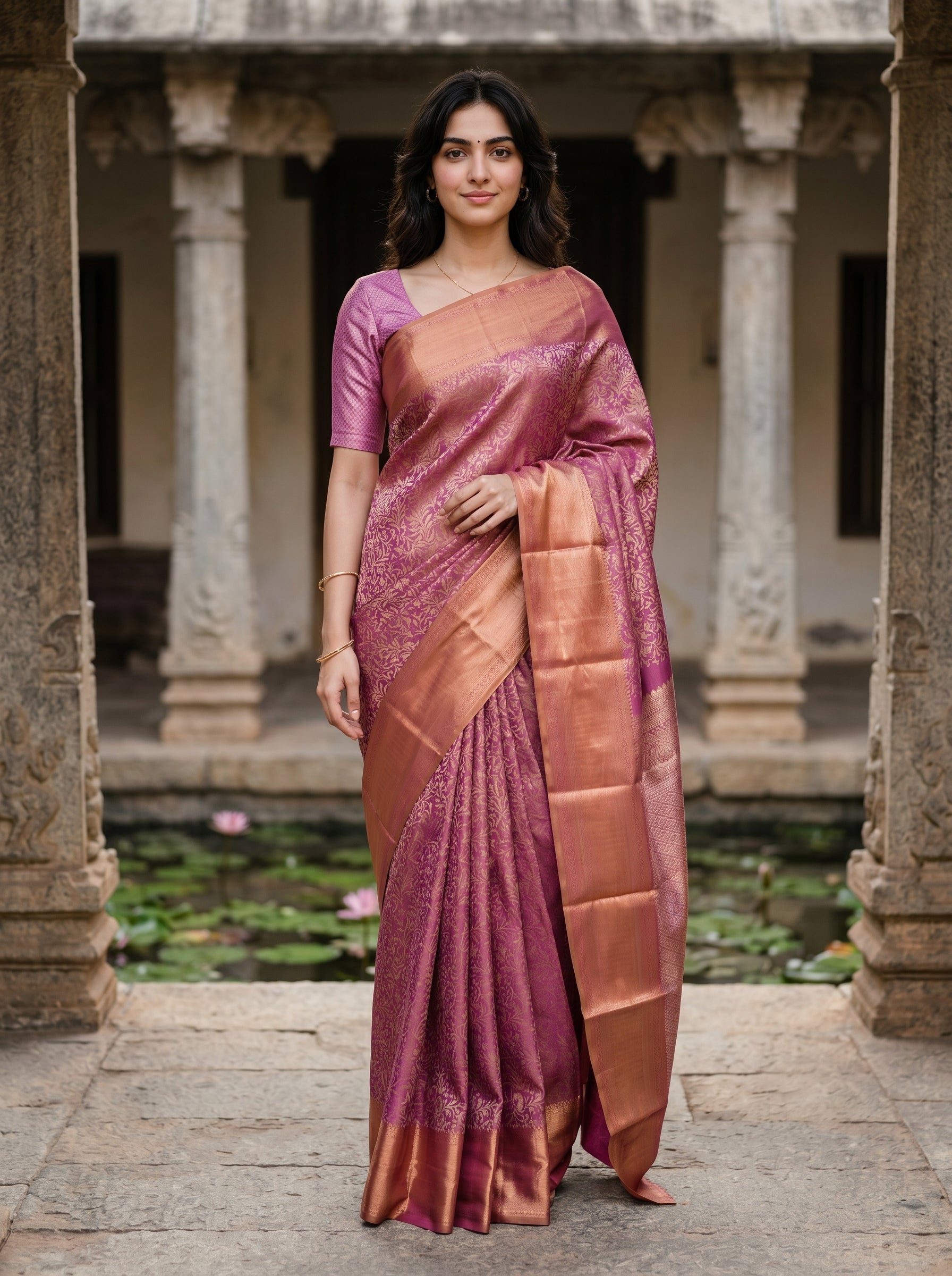 Woman in a traditional saree standing in an architectural setting with columns and water features.