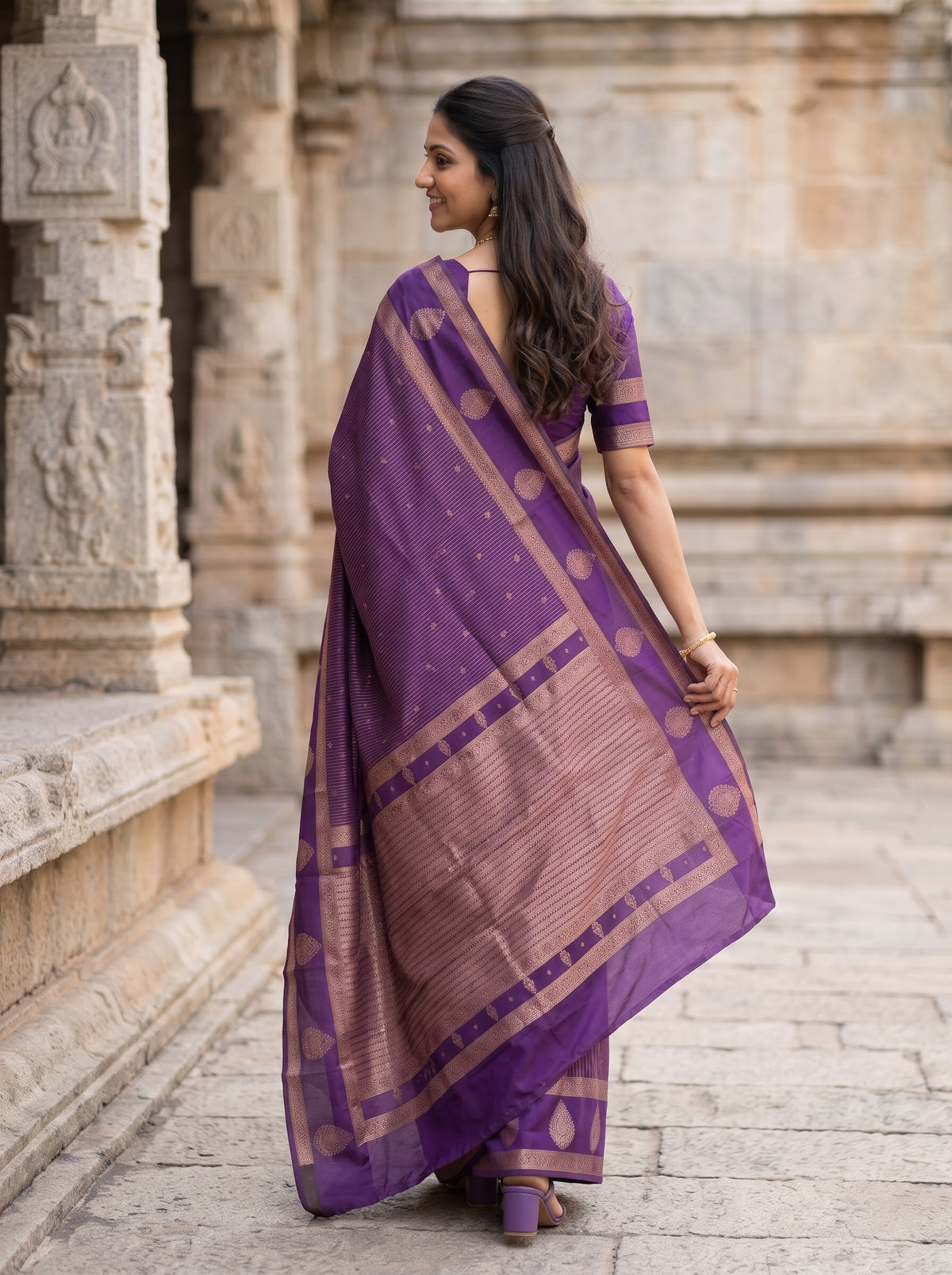 Semi Silk Purple Golden Zari Striped Saree with Floral Butta, Paisley Border and Rich Zari Pallu