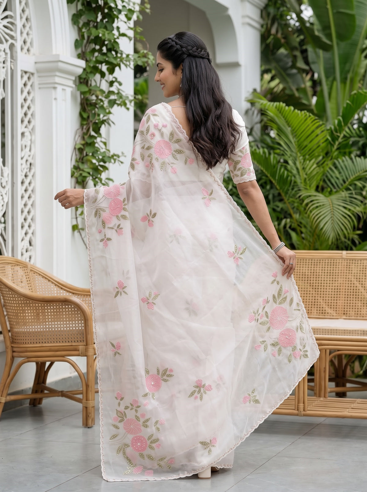 Organza White Saree with Sequin Flower Vine Embroidery