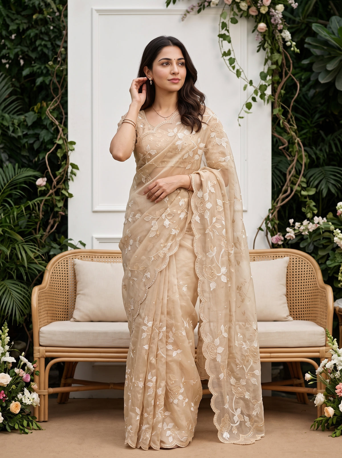 Organza Champagne Saree with Floral Vine and Scalloped Edge