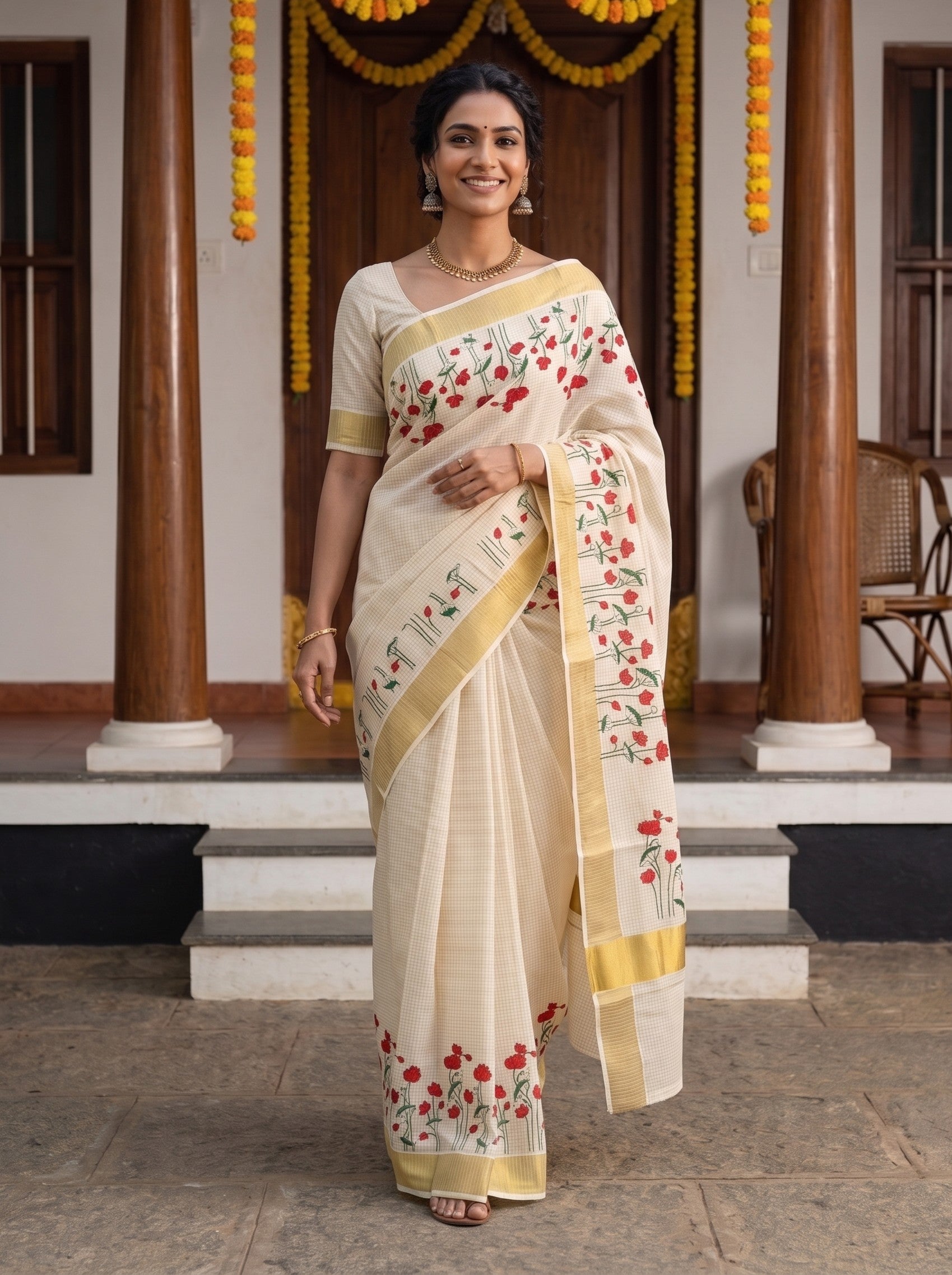 A woman wearing a cream-colored cotton saree with red floral embroidery and yellow borders, standing in front of a traditional house doorway decorated with yellow garlands.