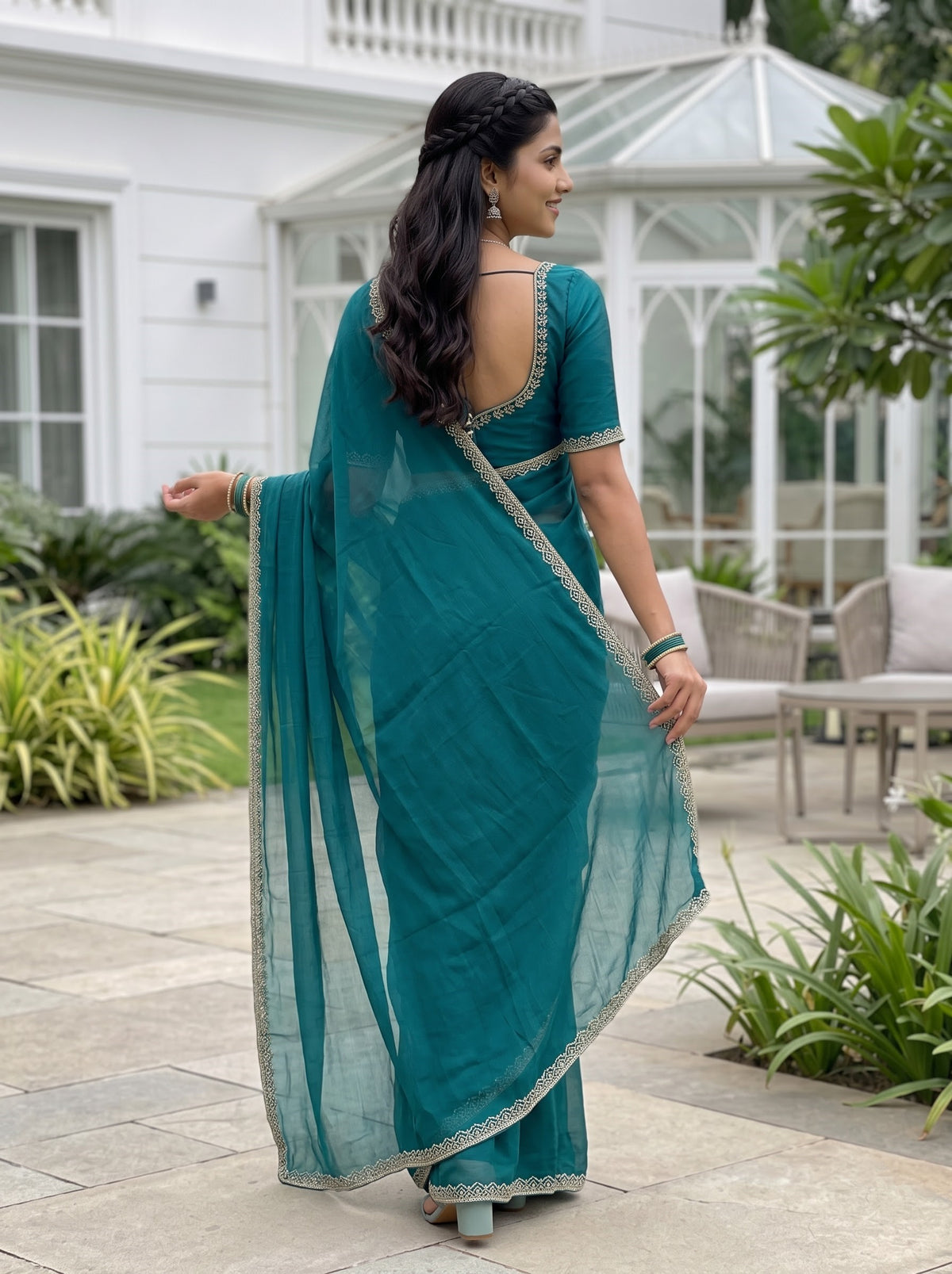 Chiffon Peacock Green Saree with Crystal Embellished Teardrop Lace Border and Plain Body