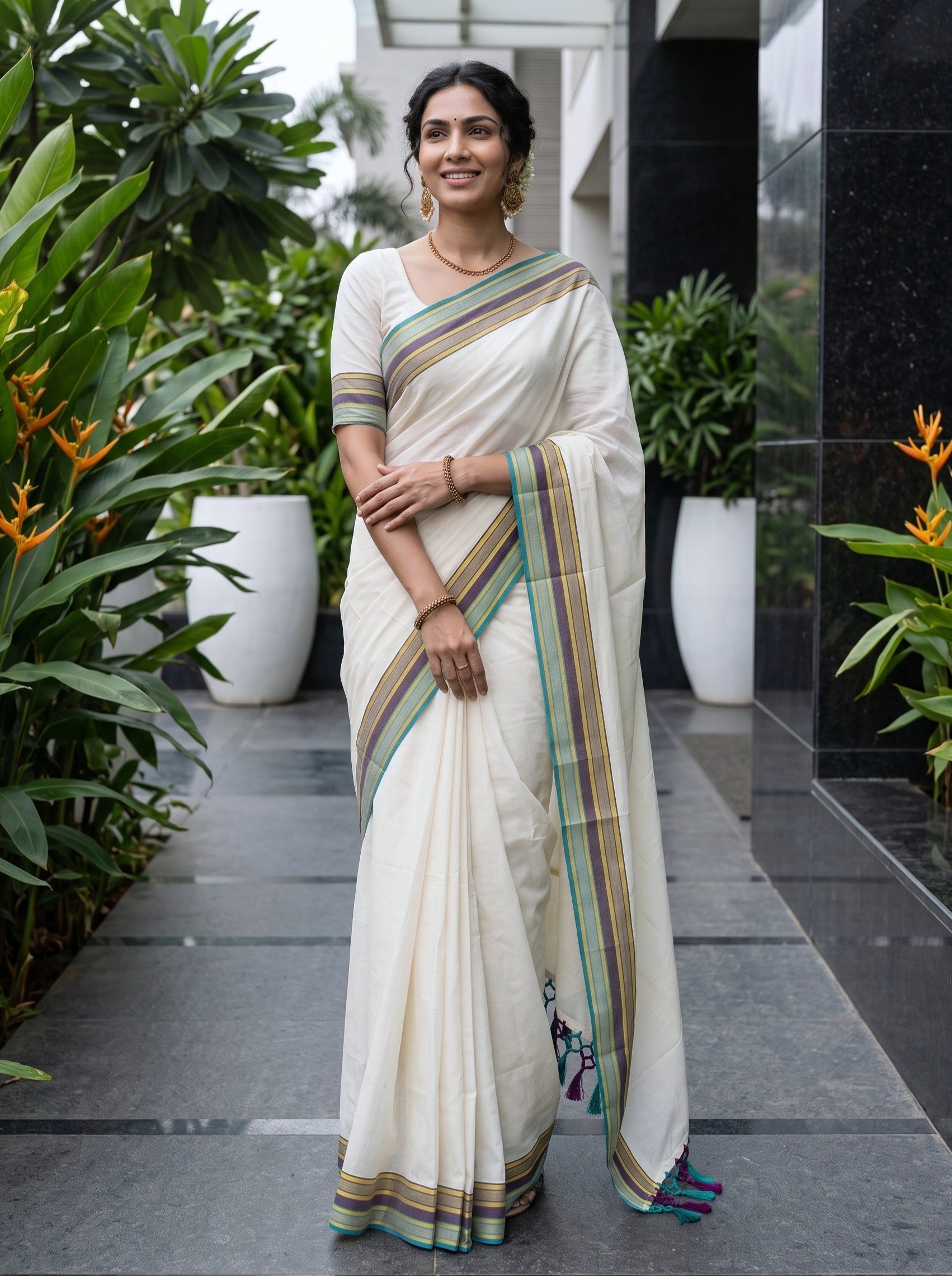 A woman wearing a cream-colored cotton saree with green, gold, and brown striped borders, standing in a modern outdoor walkway with green plants and dark stone pillars.