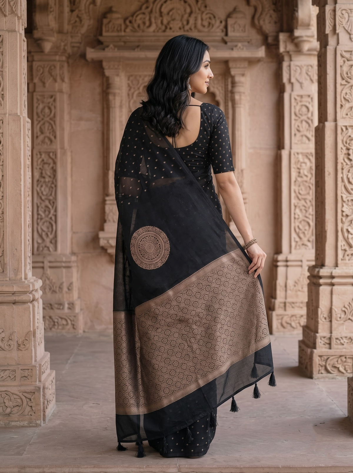 Cotton Silk Black Golden Polka Dot Mandala Floral Brocade Pallu
