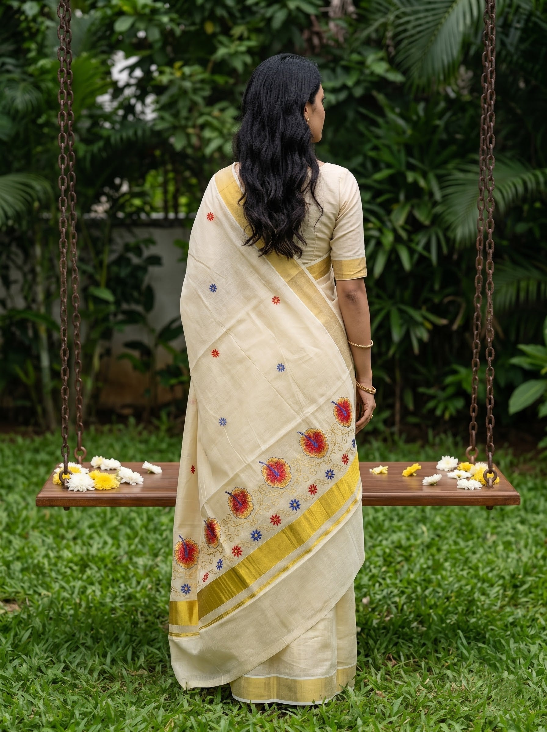 A woman stands with her back to the camera on a grassy lawn, wearing a cream-colored saree with gold borders and red and blue floral embroidery. She is positioned in front of a wooden swing decorated with flowers, set against a lush green garden background.