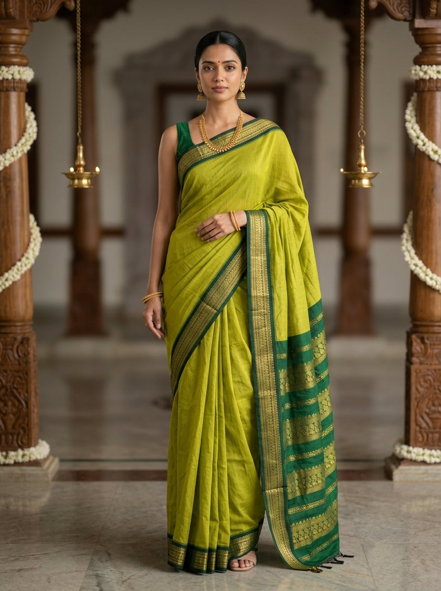 Kalyani Cotton Lime Green Plain Weave Saree with Bottle Green Zari Border