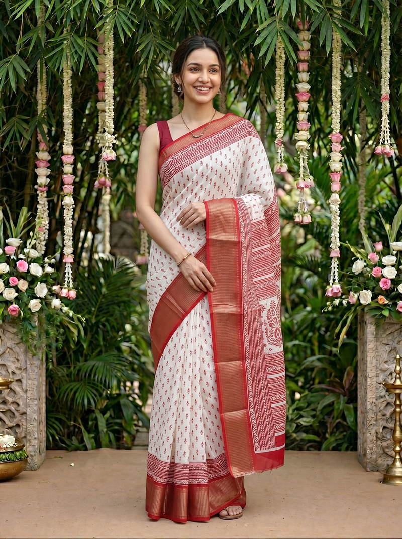 Woman in a white and red saree standing in front of floral decorations