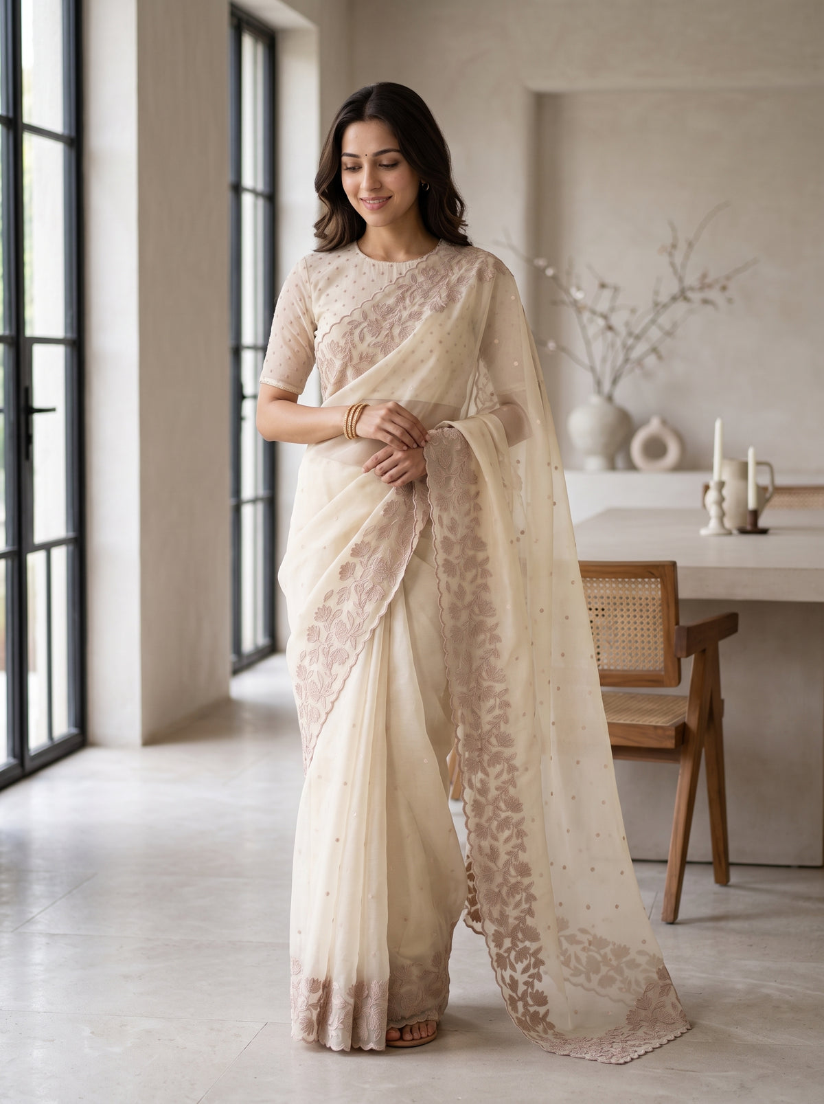 Organza Cream Saree with Mauve Floral Border Embroidery