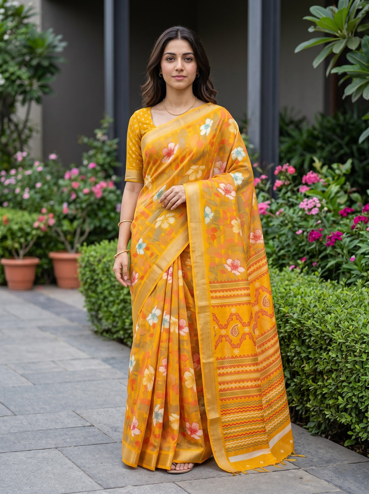 Polycotton Mustard Yellow Saree with Paisley Motif Zigzag Striped Pallu