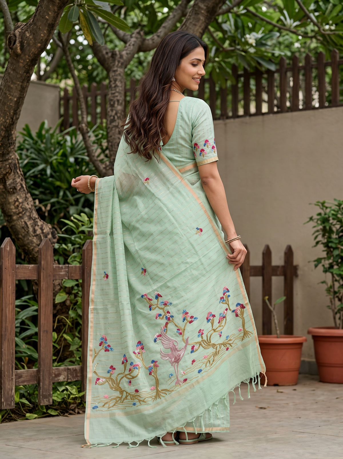 Chanderi Mint Green Crane Floral Tree Motif Saree