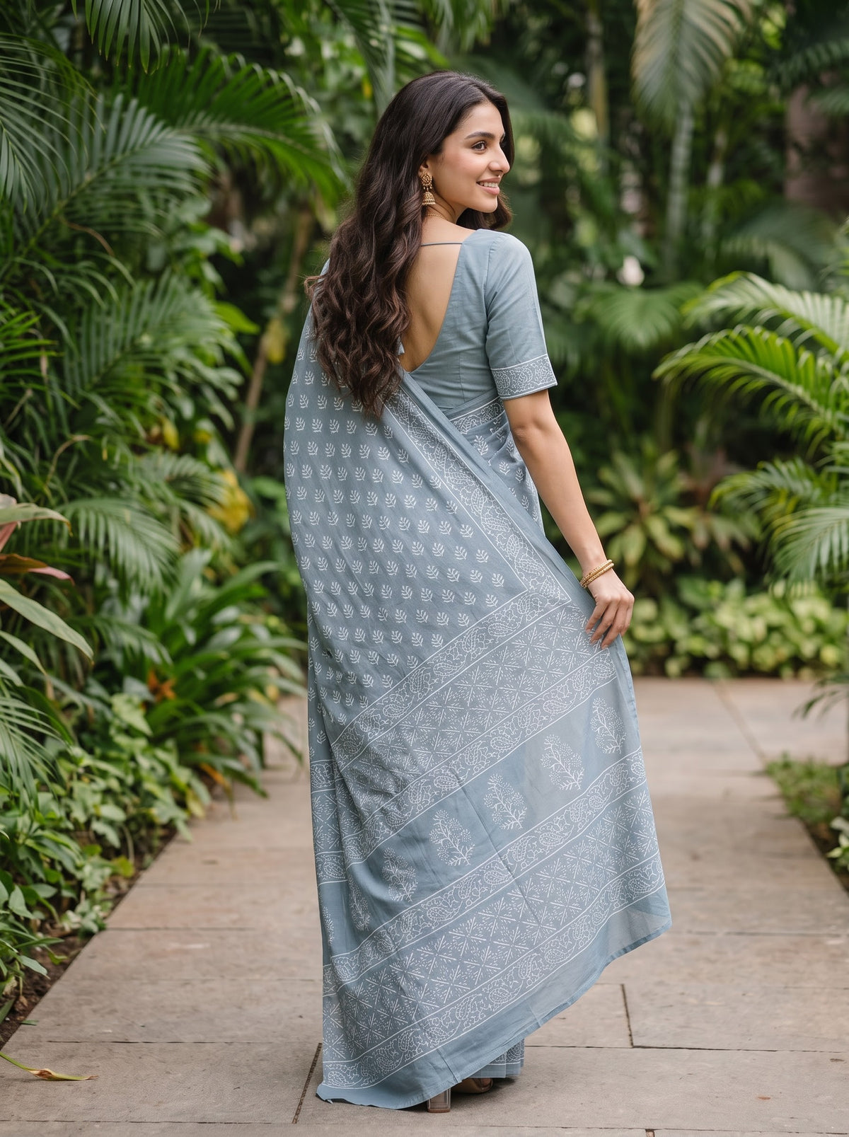 Cotton Grey Blue Saree with White Tree Motif Printed Pallu and Paisley Border