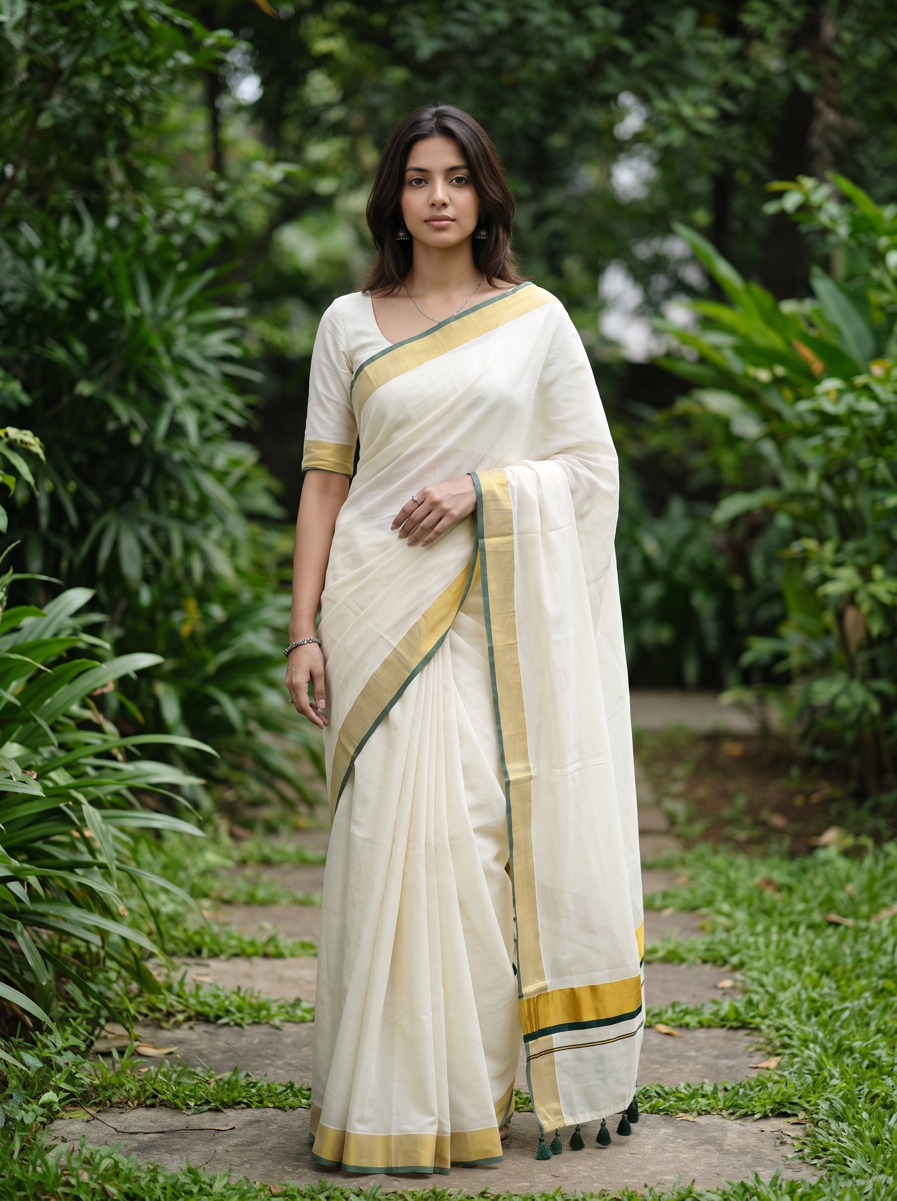 A woman wearing a cream-colored saree with gold and green border details, standing on a stone path surrounded by lush green garden foliage.