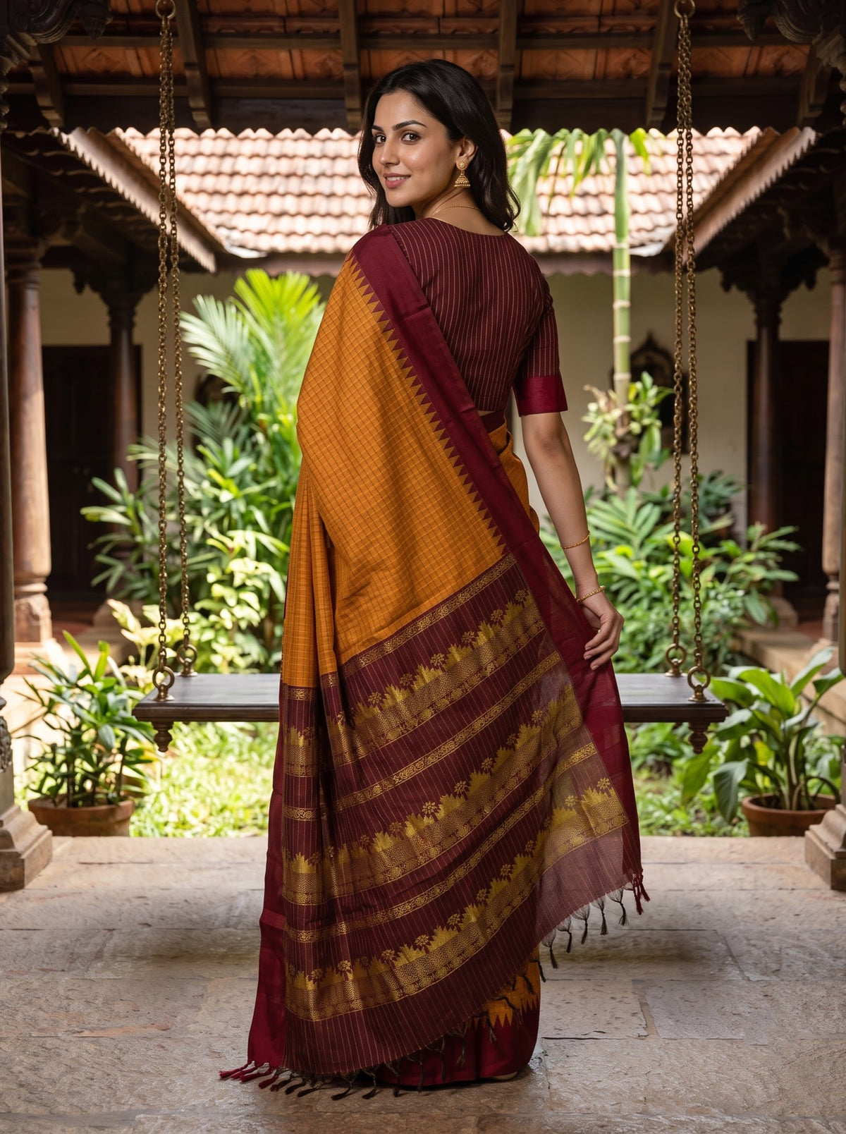 Kalyani Cotton Mustard Orange Checks Maroon Pallu Golden Zari Woven Lotus Temple Border Saree
