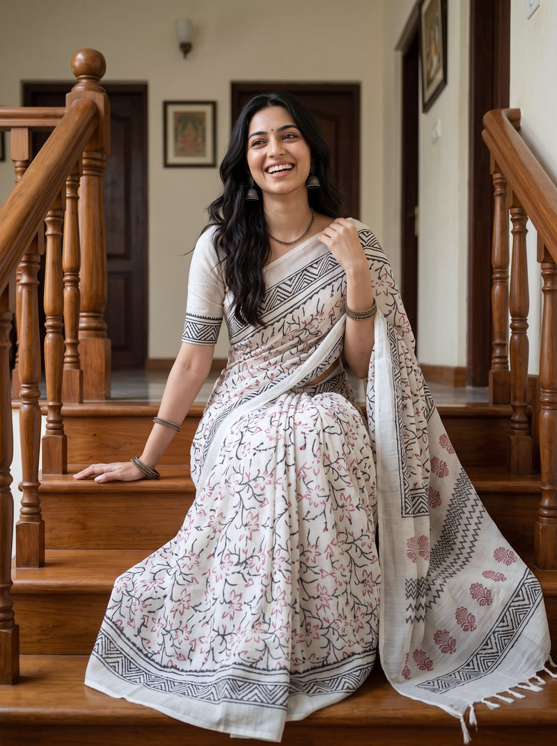 A woman wearing a white printed saree with black and pink floral patterns sits on wooden stairs in a home interior.