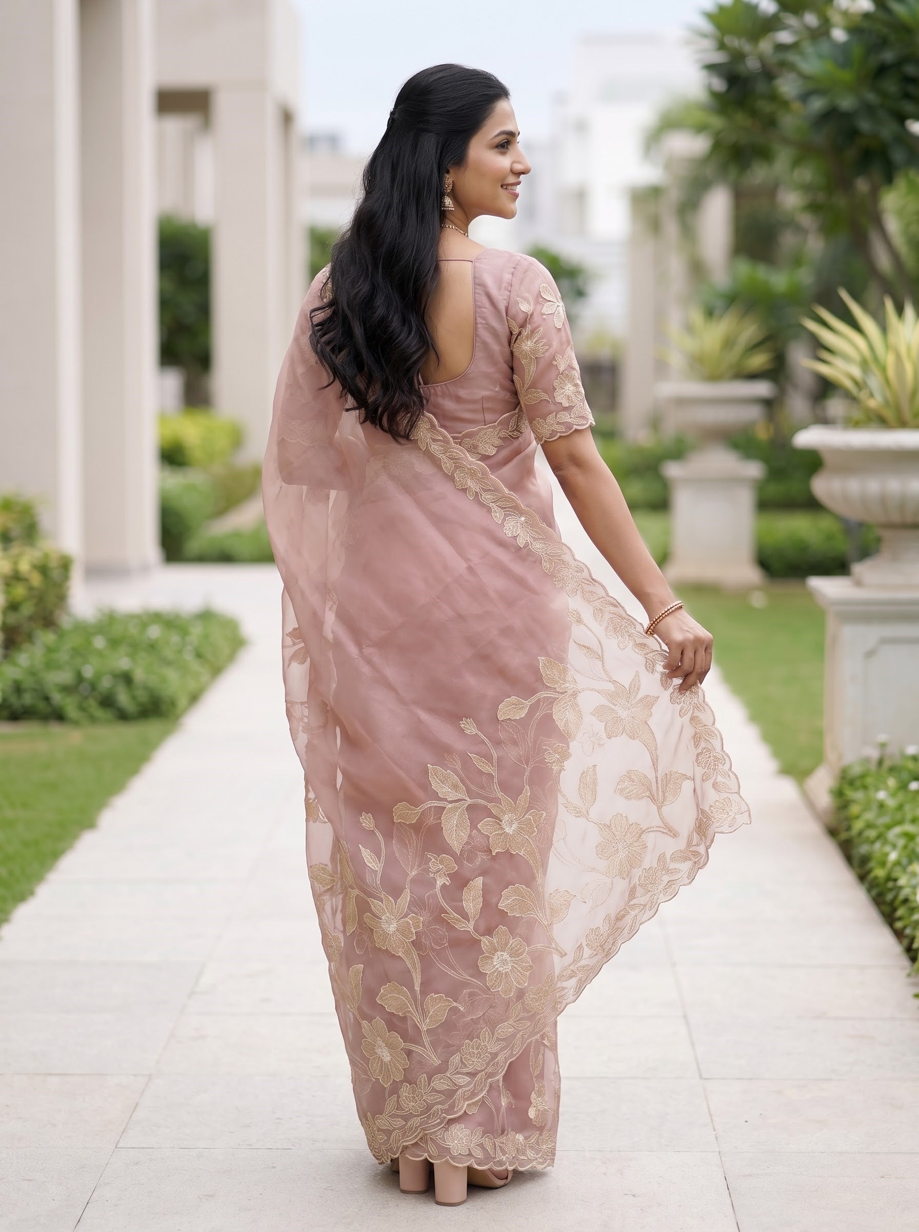 Organza Blush Pink Golden Floral Vine Scalloped Border Saree