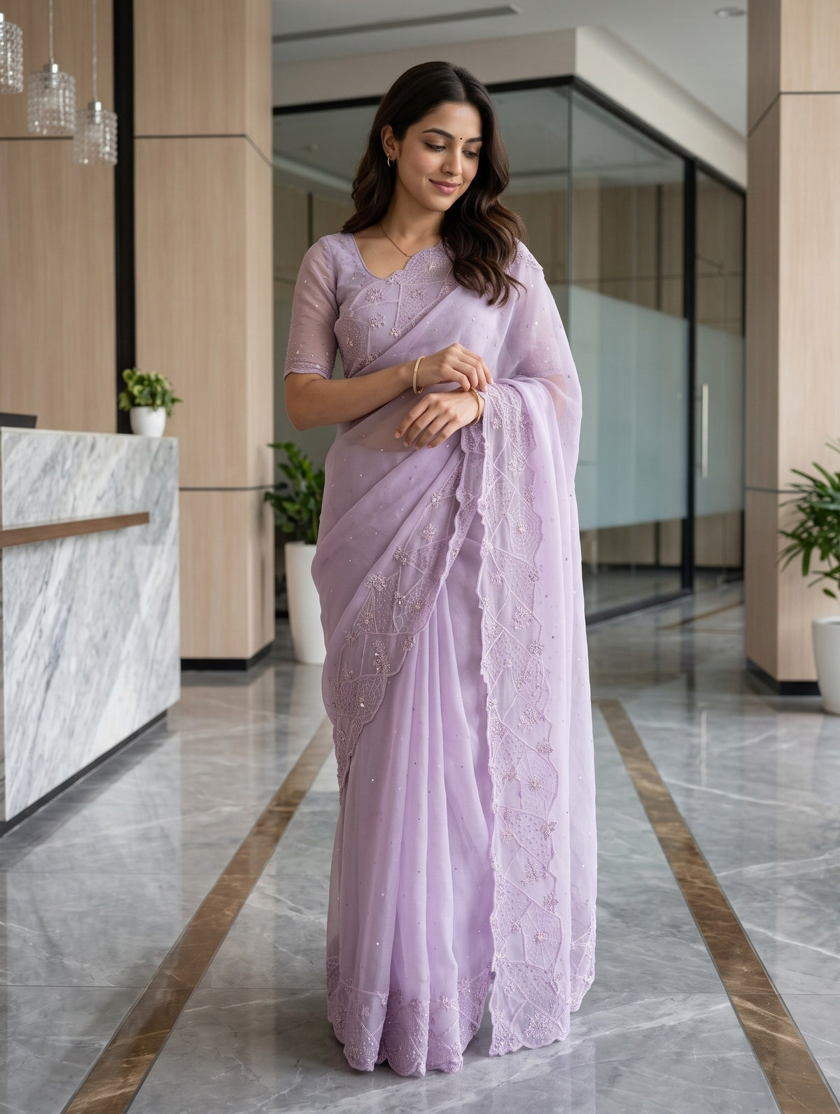 Chiffon Lavender Saree with Web Pattern Beadwork Design